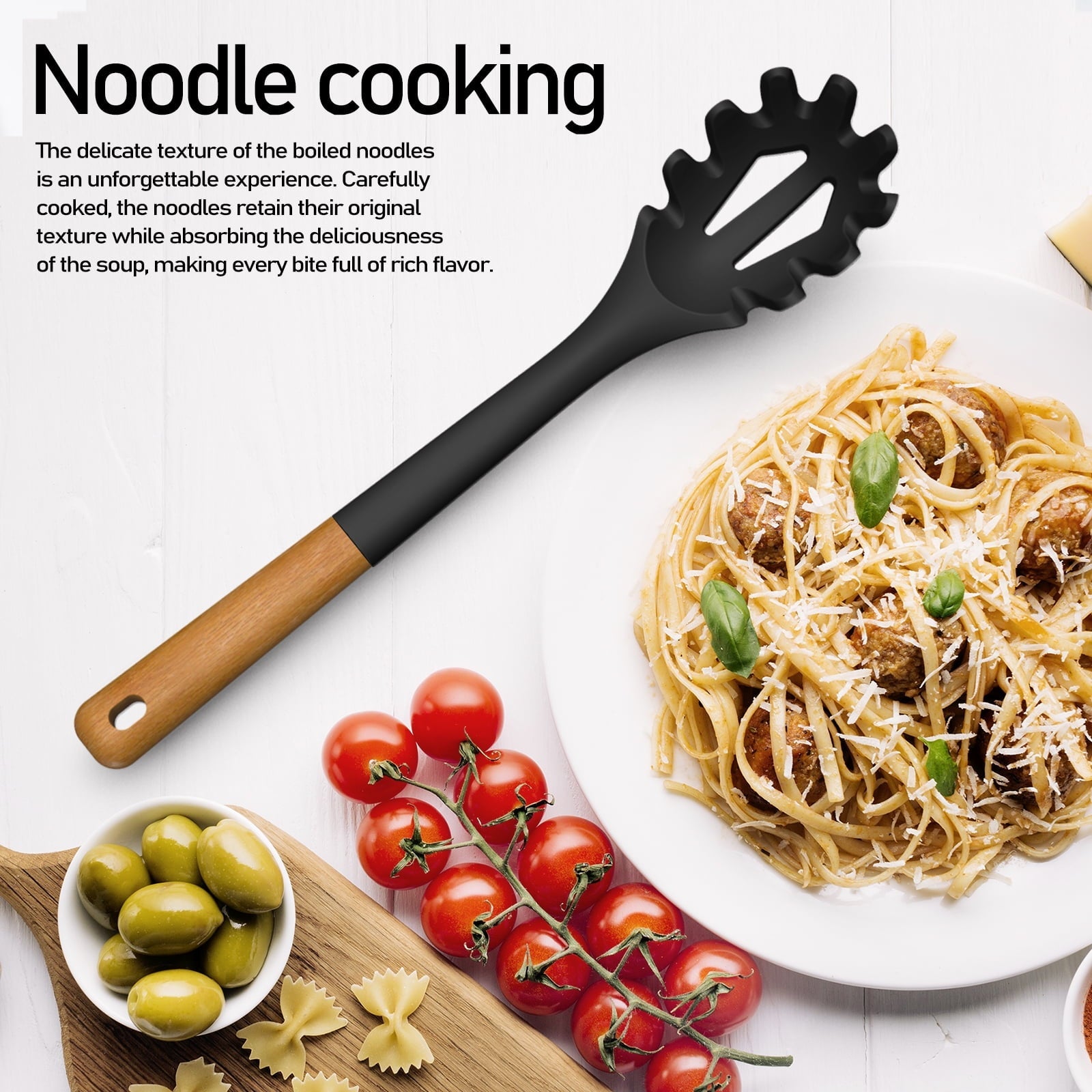 Large Silicone Cooking Utensils - Kitchen Utensil Set with Wooden Handles, Spatula,Turner, Slotted Spoon, Pasta server, Kitchen Gadgets Tools Sets for Non-Stick Cookware (Khaki)