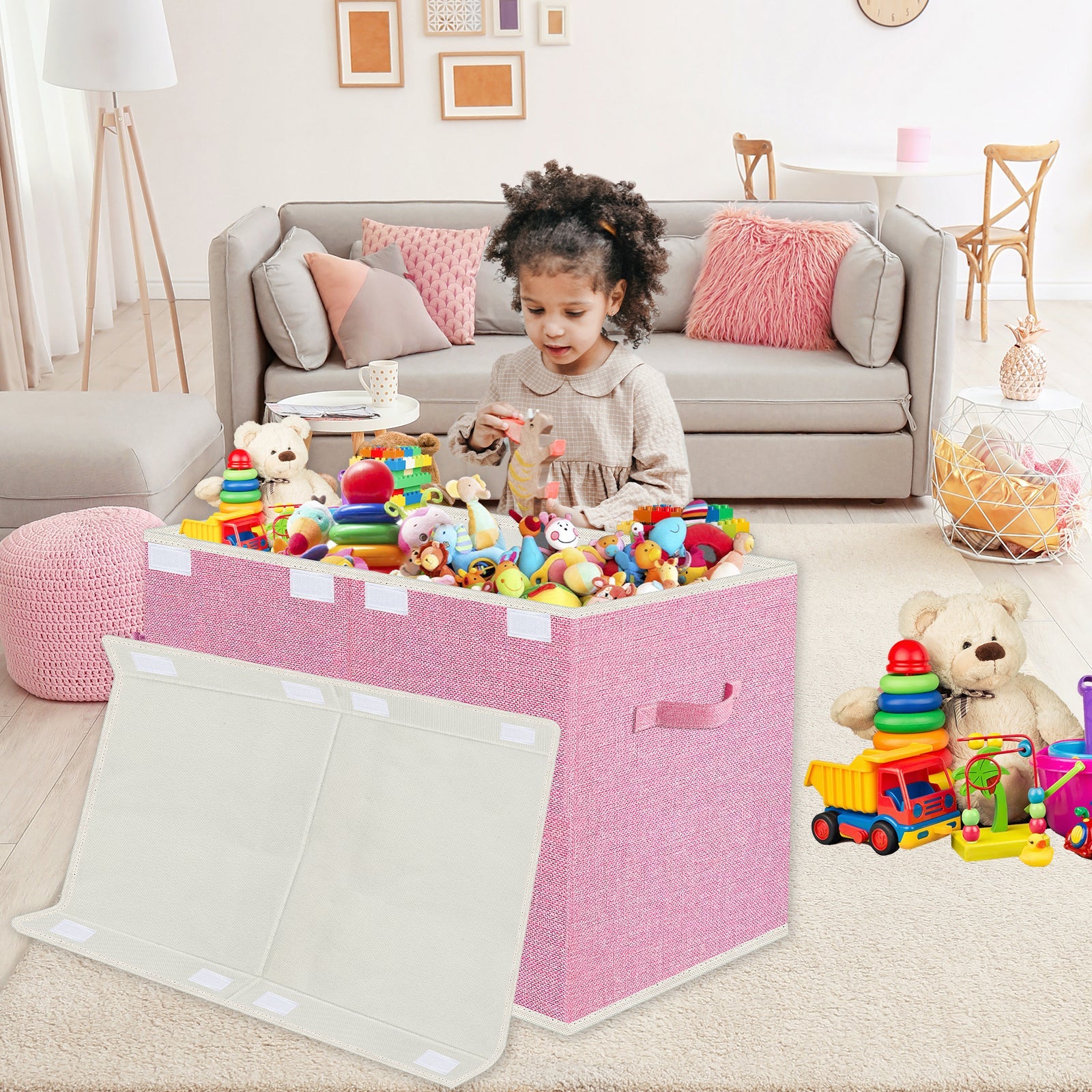 Large Toy Box for Girls,Toy Chest for Kids -Collapsible Toy Storage Organizer with Lid Toy Bin Storage Organizer for Nursery, Playroom, Bedroom , Closet, Living Room, Kindergarten (Pink)