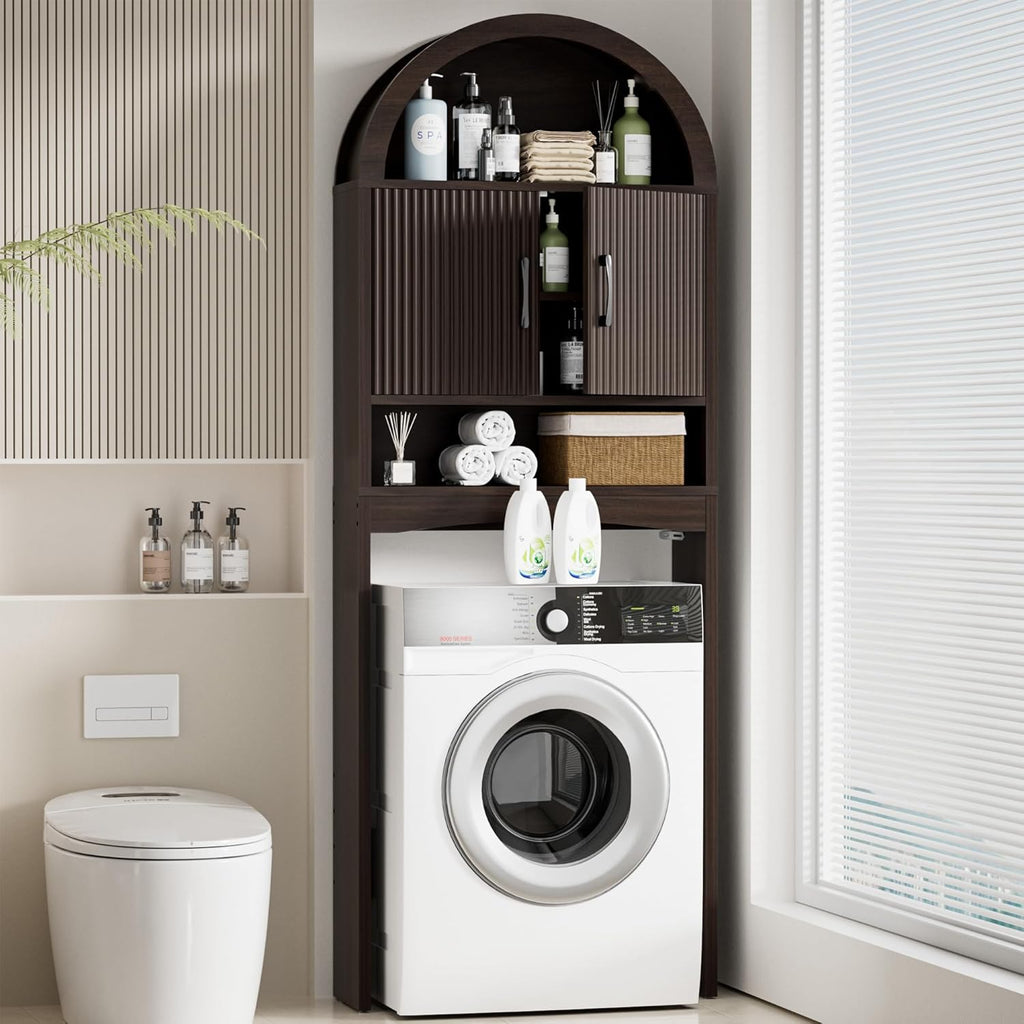 Spurgehom Over The Toilet Storage Cabinet, Bathroom Shelf Organizer Freestanding, Bathroom Arch Cabinet Over Toilet with Toilet Paper Holder and Anti-Tipping Device (Narrow Style-Coffee)
