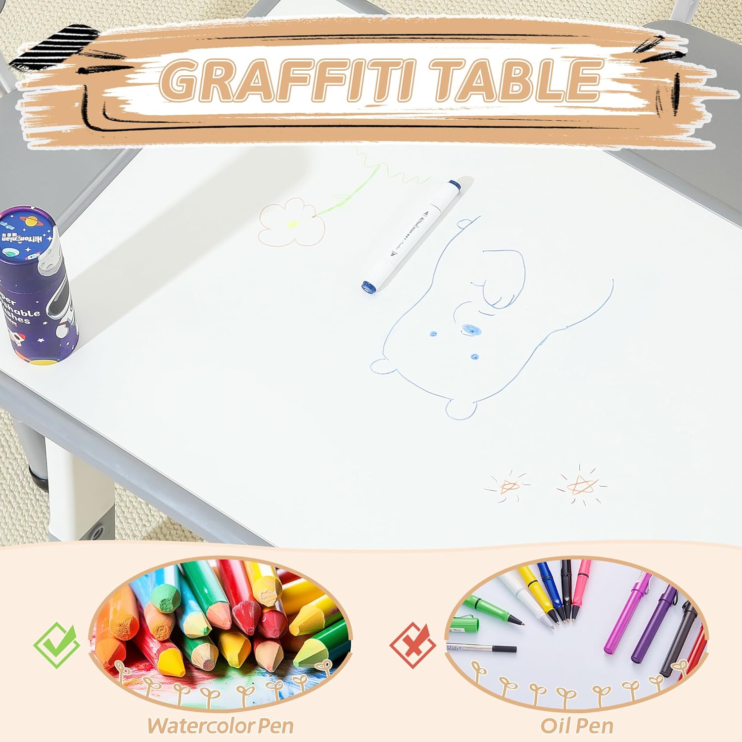 Toddler Table and 2 Chairs, Kids Multi-Activity Table with Graffiti Desktop, Height Adjustable Kids Table and Chair Set, Ages 3-8