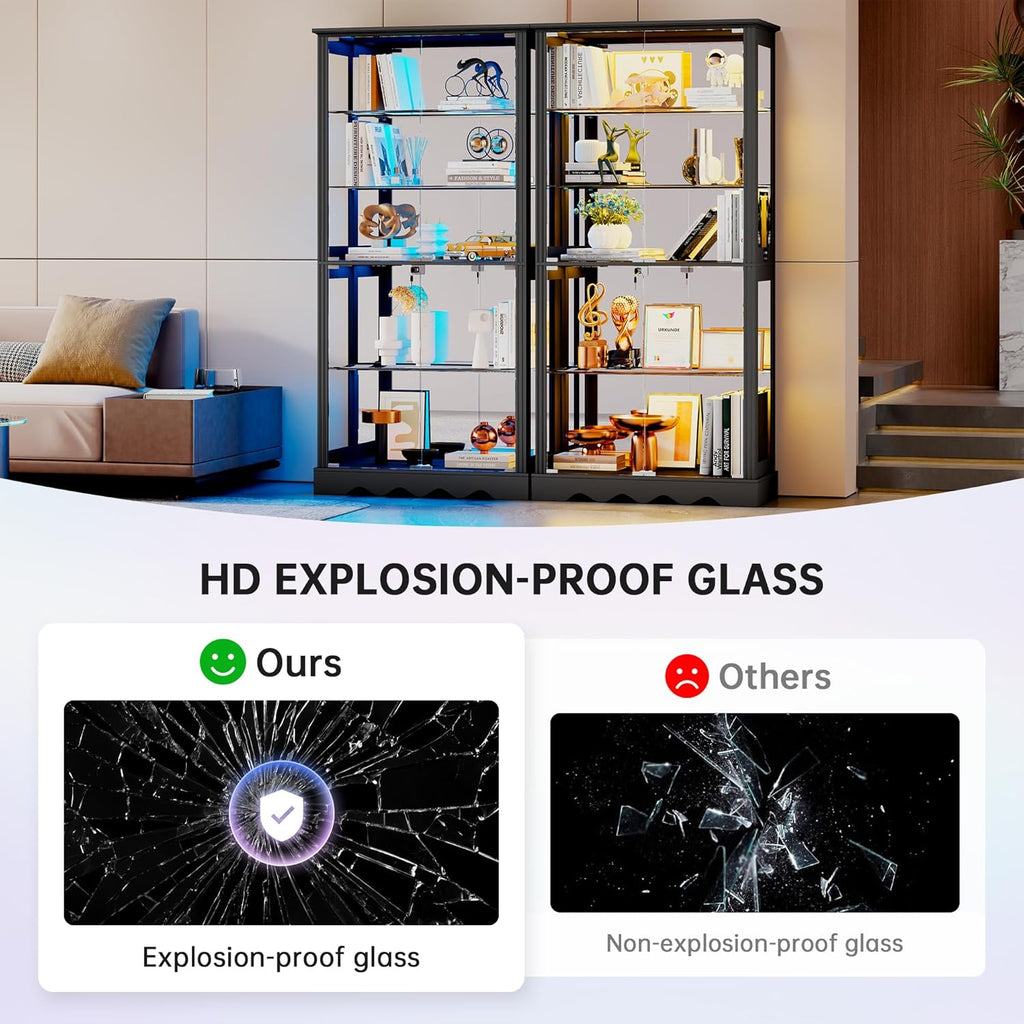 Dystler Display Cabinet with Glass Doors, 71'' Tall Curio Cabinet with RGB Lights for Collectibles, LED Display Case with Removable Shelf for Book/Medal/Figure, Black