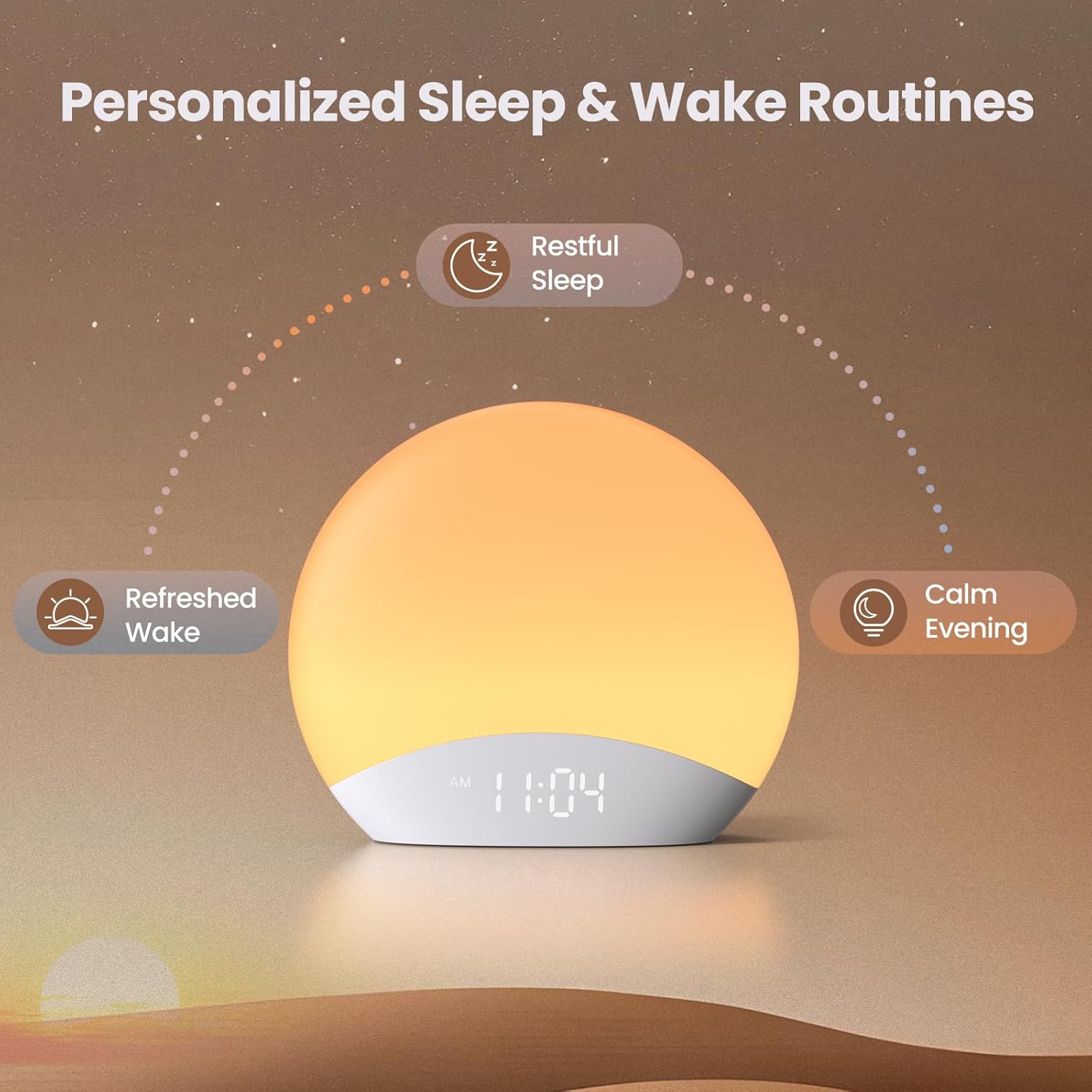 REACHER R7APP Smart Sunrise Alarm Clock with App Control, Custom Wake & Sleep Routines - Multi Sunrise Color, White Noise Sound Machine, Dimmable Display | Night Light, Screen-Free Sleep