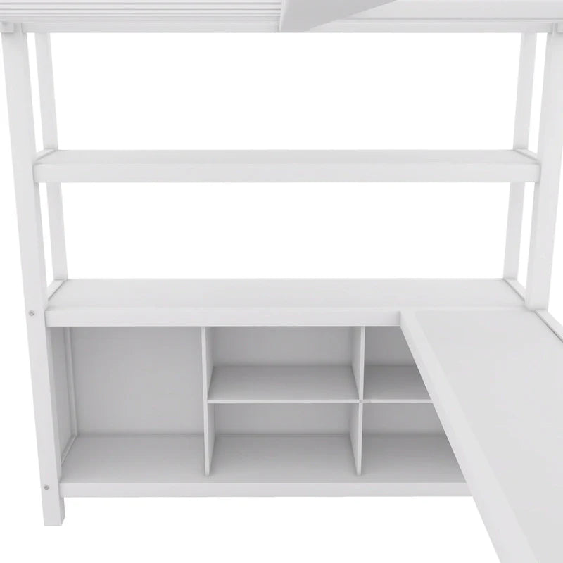 Off-White Metal Loft Bed with Desk and Wardrobe - Full Size