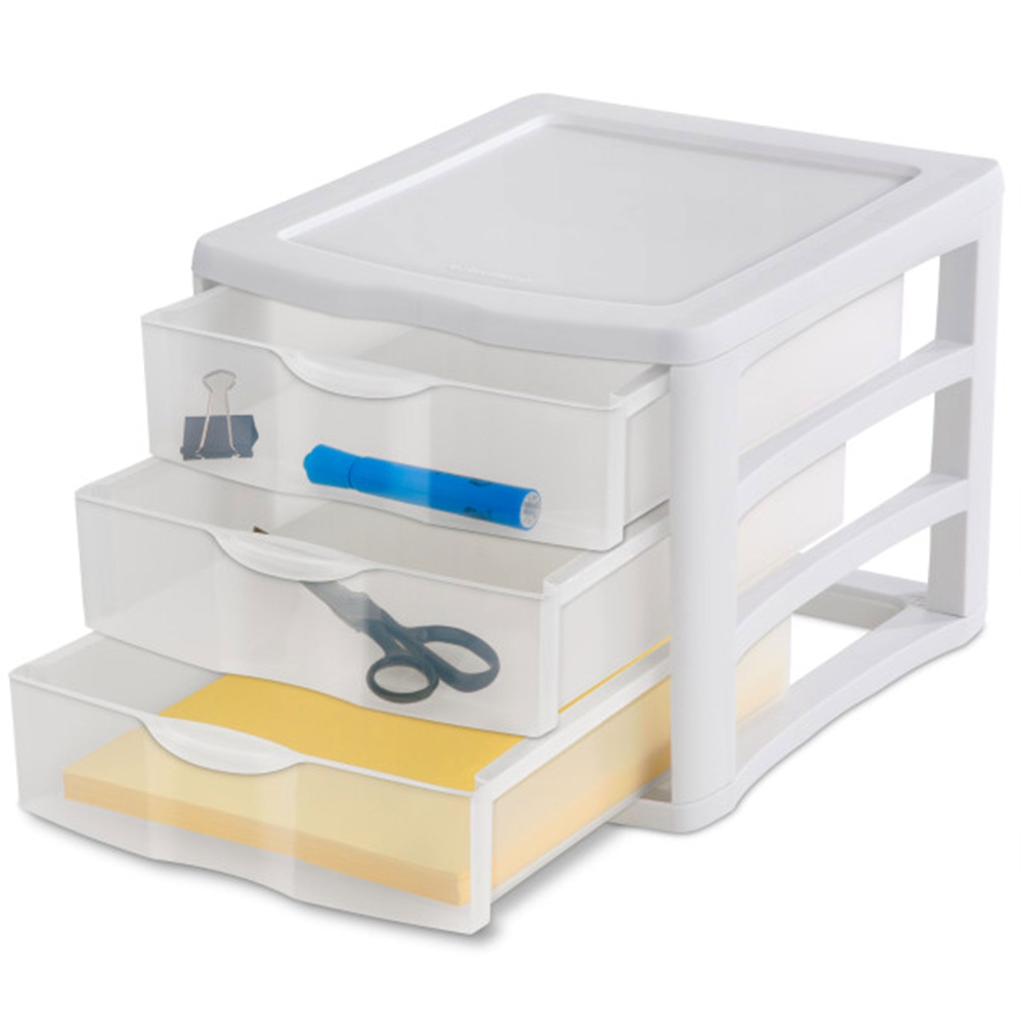 3 Drawer Unit, Clear Plastic Countertop or Desktop Storage Drawers, White
