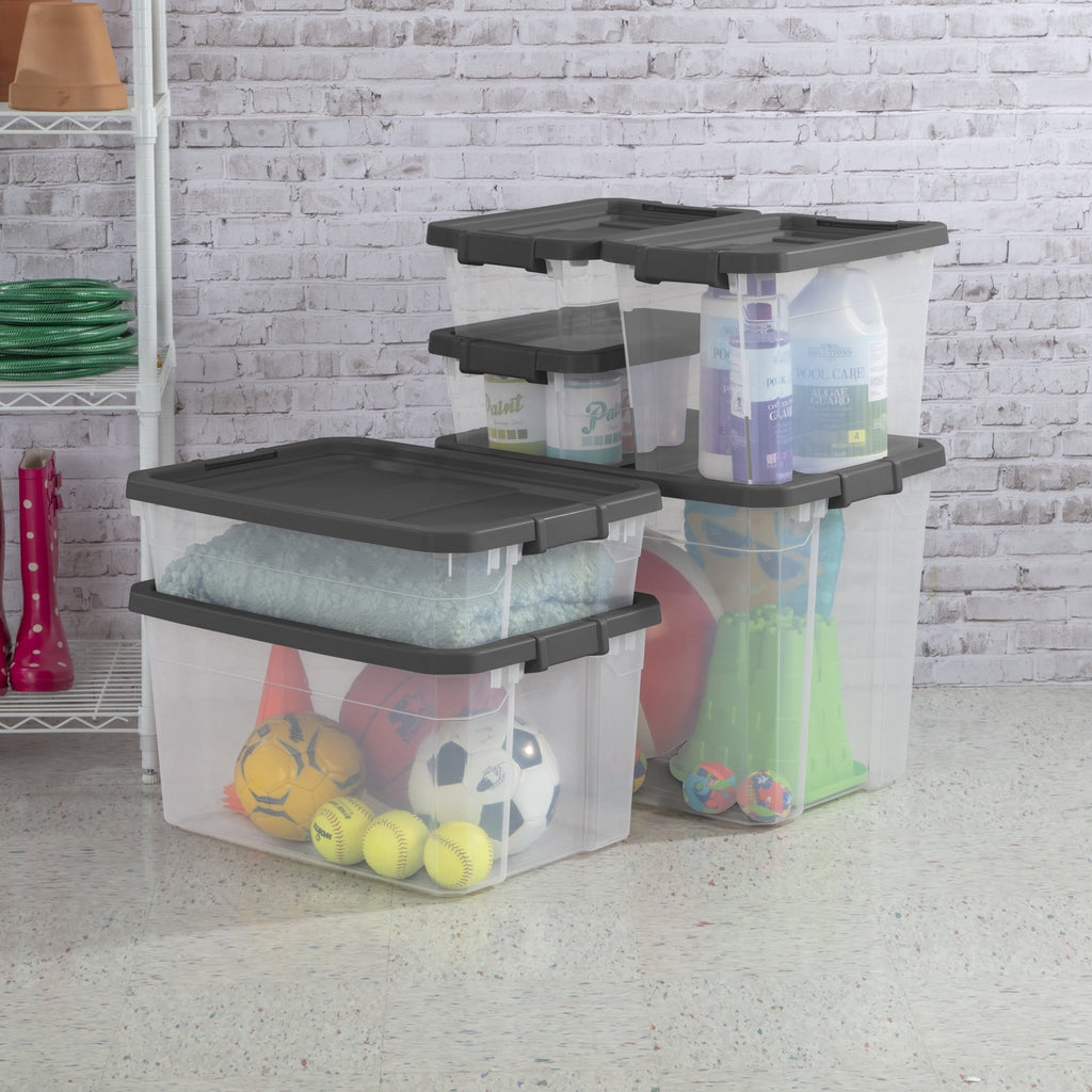 108 Quart Extra-Large Storage Bin, Clear Plastic Storage Container with Latch Lid, Dark Gray