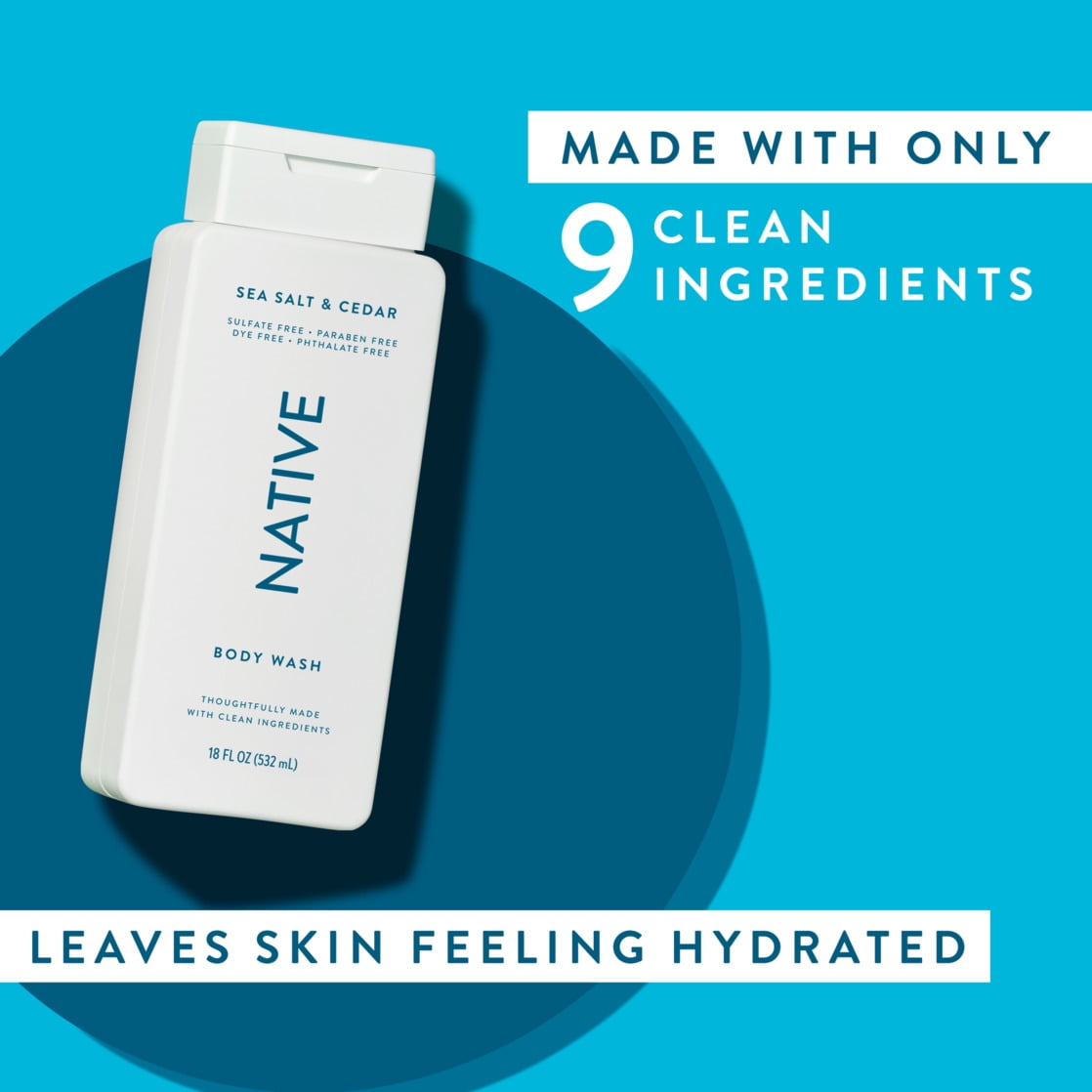 Body Wash, Sea Salt & Cedar, Sulfate Free, Naturally Derived Ingredients, 24hr Freshness, for Women & Men, 18 fl oz