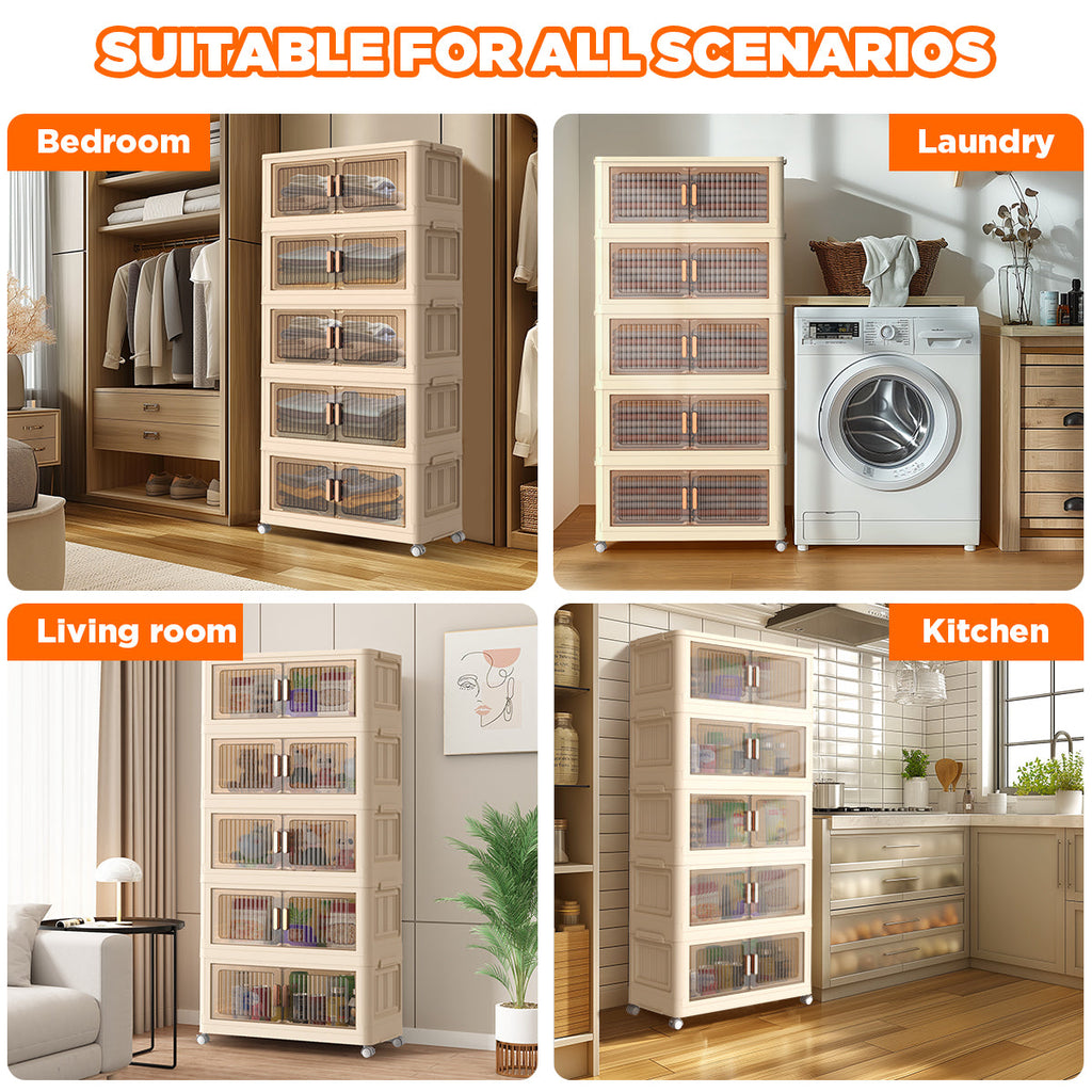 5 Tiers Storage Bins with Wheels, Magnetic Dual Open Collapsible Storage Container with Lids, 125QT Folding Storage Box Bins for Closet Organizers, Home and Office, Beige