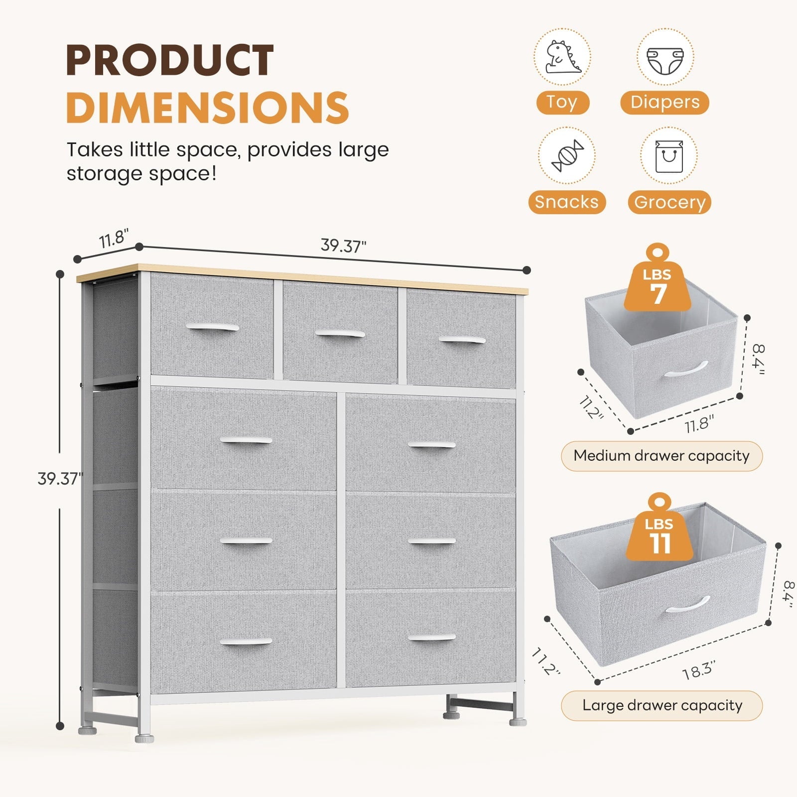 9 Drawers Fabric Dresser for Bedroom, Drawer Organizer Storage Cabinet for Closet, Clothes, TV Stand, Light Gary