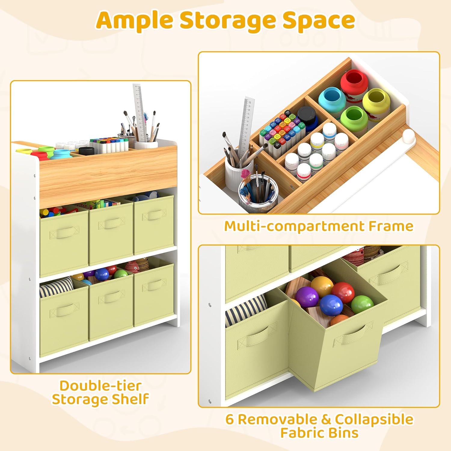 DOREROOM Kids Art Table and Chair Set, Craft and Play Wood Activity Table with Storage Bins and Paper Roll, Toddler Desk for Playroom/Nursery/Home, Kids Table and Chairs Set for Drawing/Learning/Read