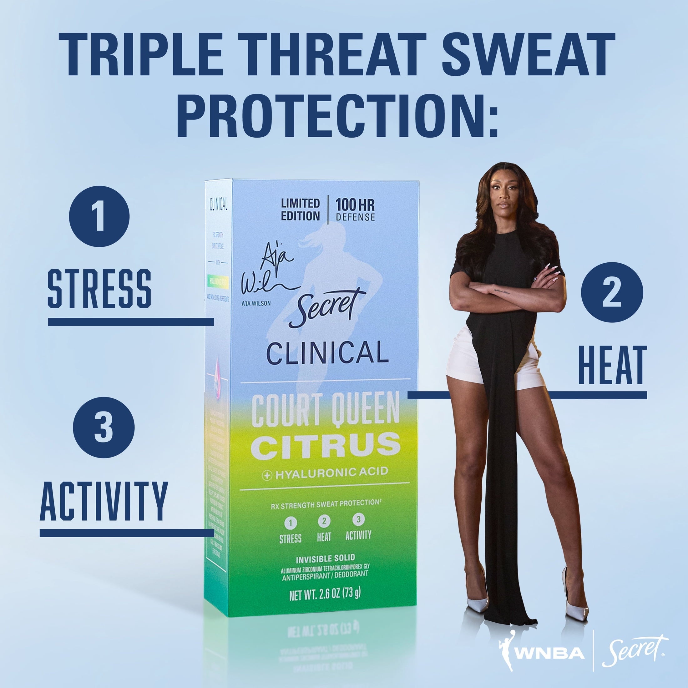 Clinical Strength 100HR Hyaluronic Acid Antiperspirant Deodorant for Women, Invisible Solid, A'Ja Wilson Court Queen Citrus, 2.6 oz