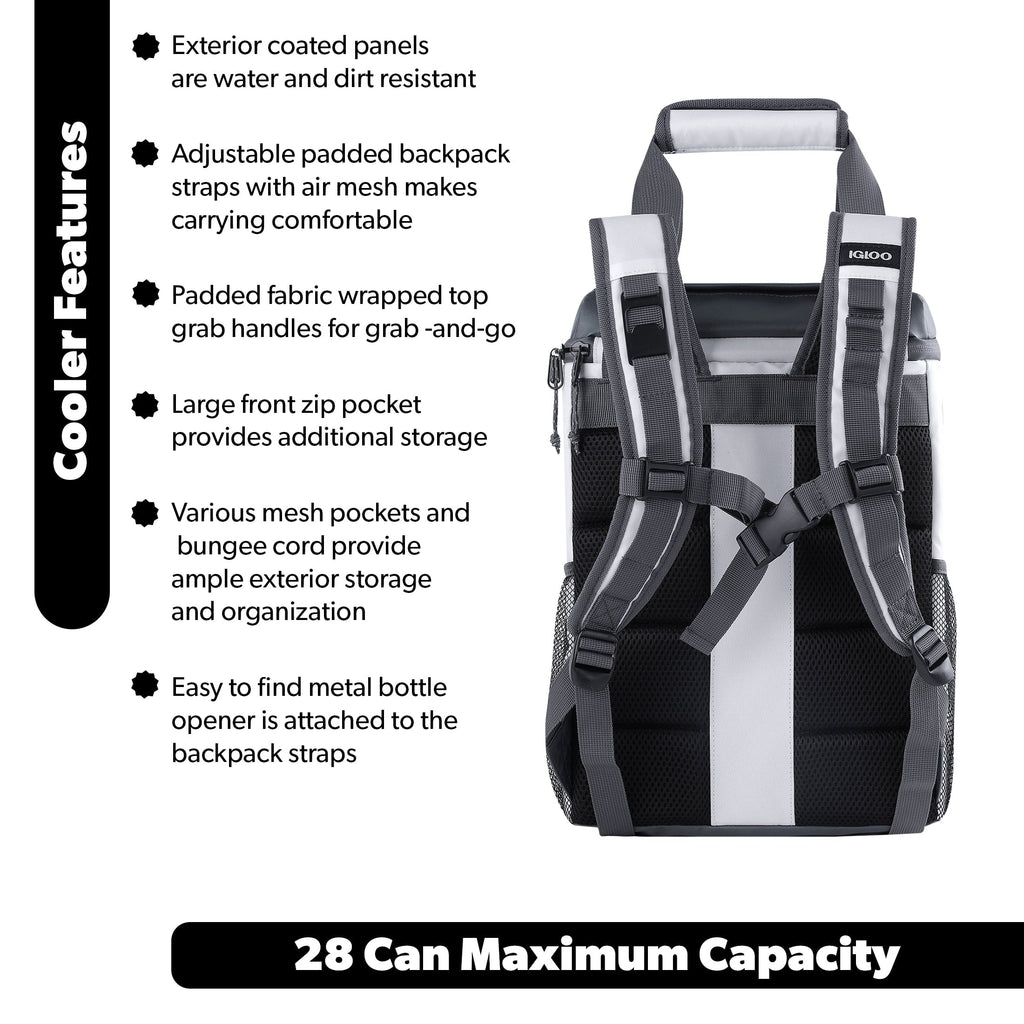 Marine Soft-Side Backpack Cooler, 28 Can Capacity, White and Gray