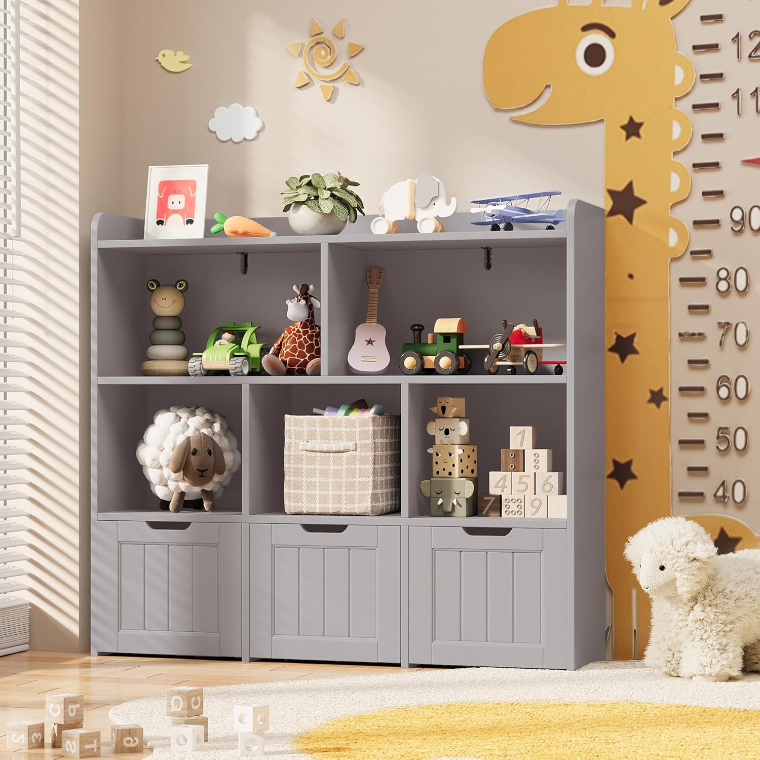 Gizoon Toy Storage Cabinet and Kids Bookcase with 3 Movable Drawers and 6 Open Shelves Featuring Fall Prevention Barrier for Playroom Nursery Kids Room Organization, Gray