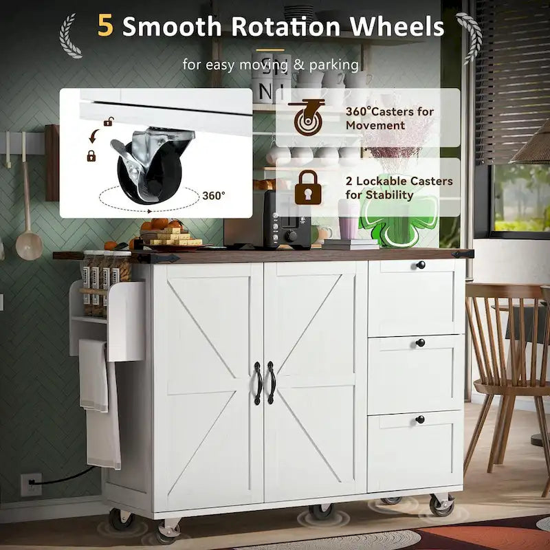 54.5 Farmhouse Kitchen Island with Power Outlet, Internal Storage Rack, Drop-Leaf Tabletop, Spice Rack, Rolling Cart On Wheels