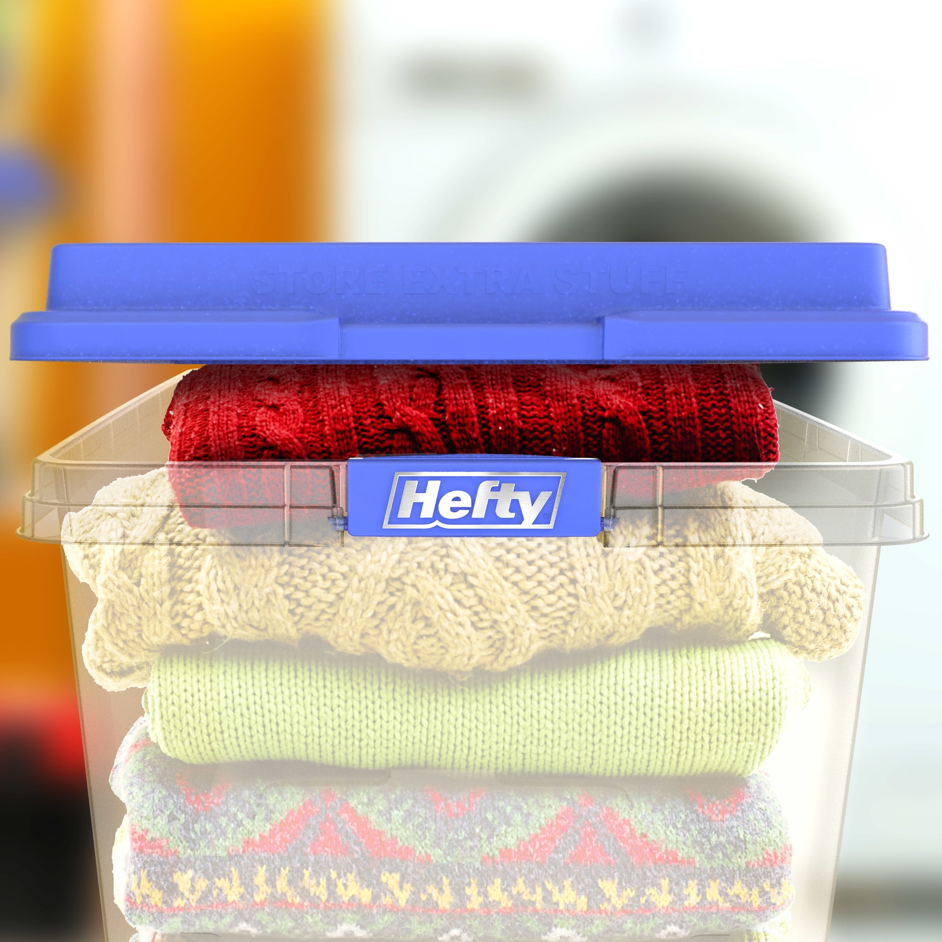 Hefty HI-RISE 72 Quart Large Latching Storage Bin, Clear Plastic Storage Container with HI-RISE Latch Lid, Blue