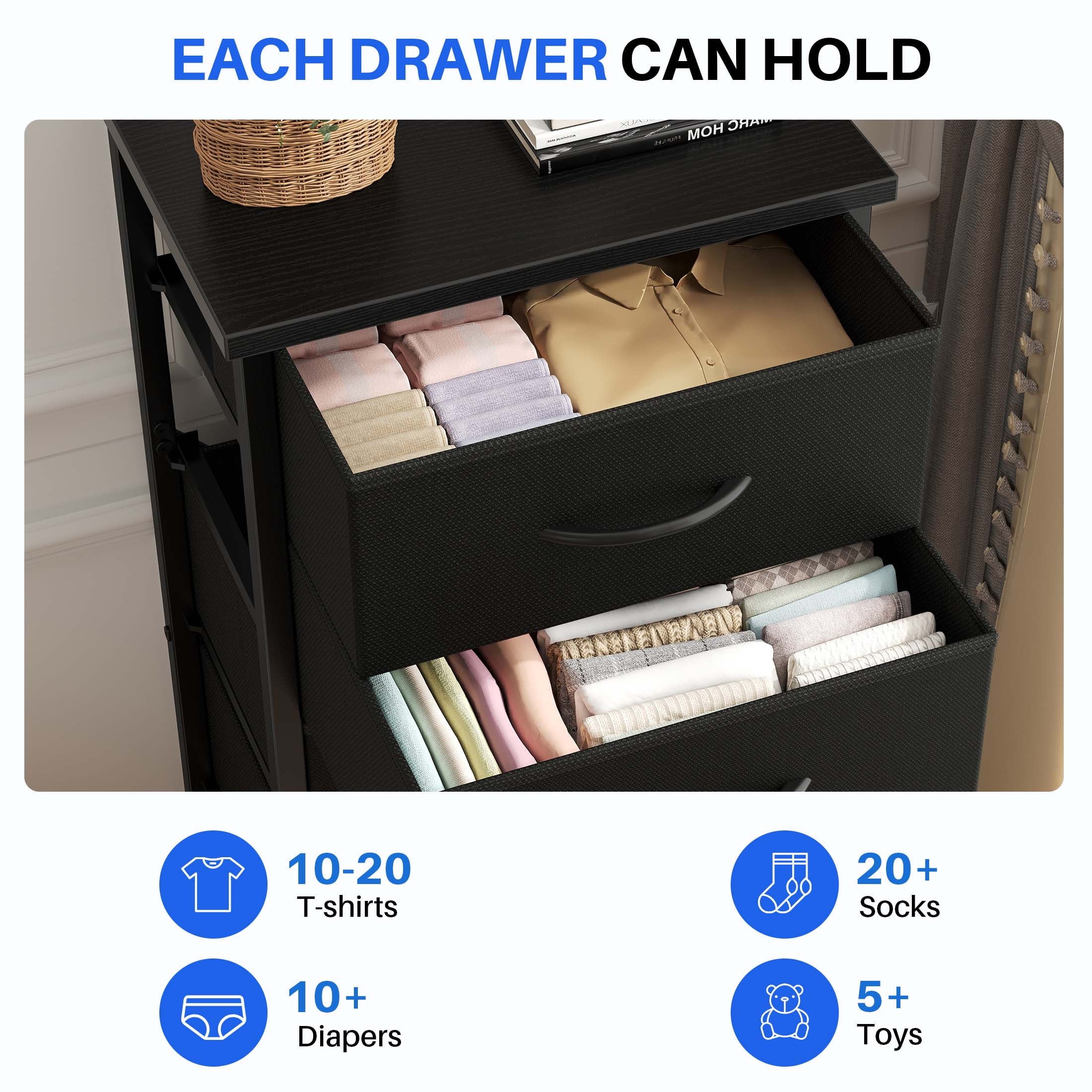 5 Fabric Dresser with 5 Storage Drawers, TV Stand with Wooden Top Metal Frame for Clothes, Living Room, Hallway, Entryway, Rust