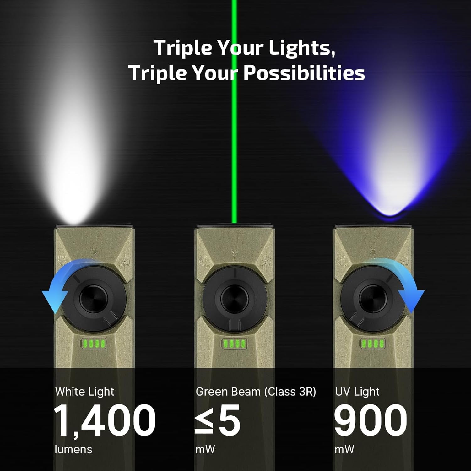 Arkfeld Ultra 1400 Lumens EDC Flat Flashlight, Rechargeable Compact Pocket Flash Light Combines White LED, UV and Green Beam, Triple Sources Perfect for Checking, Working (Olive-Green)