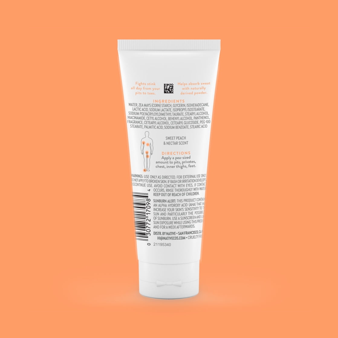 Native Whole Body Deodorant Invisible Cream, Sweet Peach & Nectar, Aluminum-Free, 3 oz