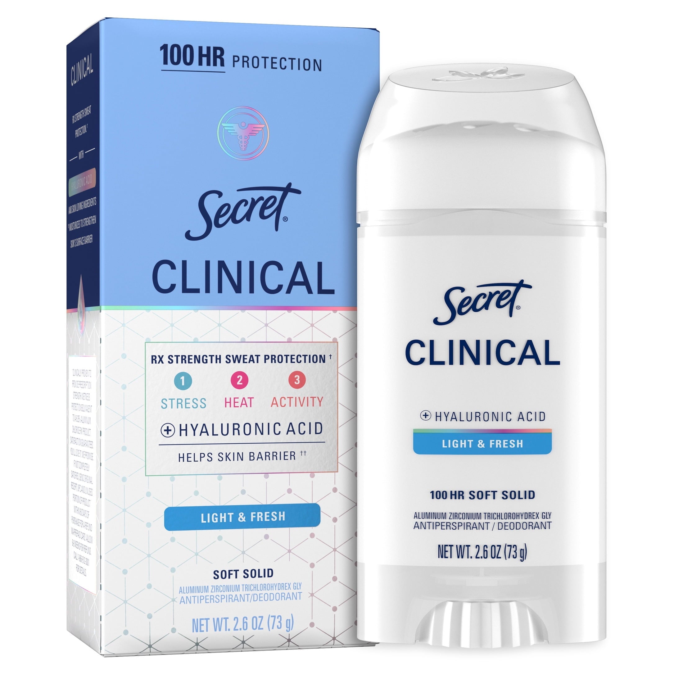 Clinical Antiperspirant Deodorant for Women, 100HR Sweat & Odor Protection, Hyaluronic Acid, Soft Solid, Light&Fresh, 2.6 oz