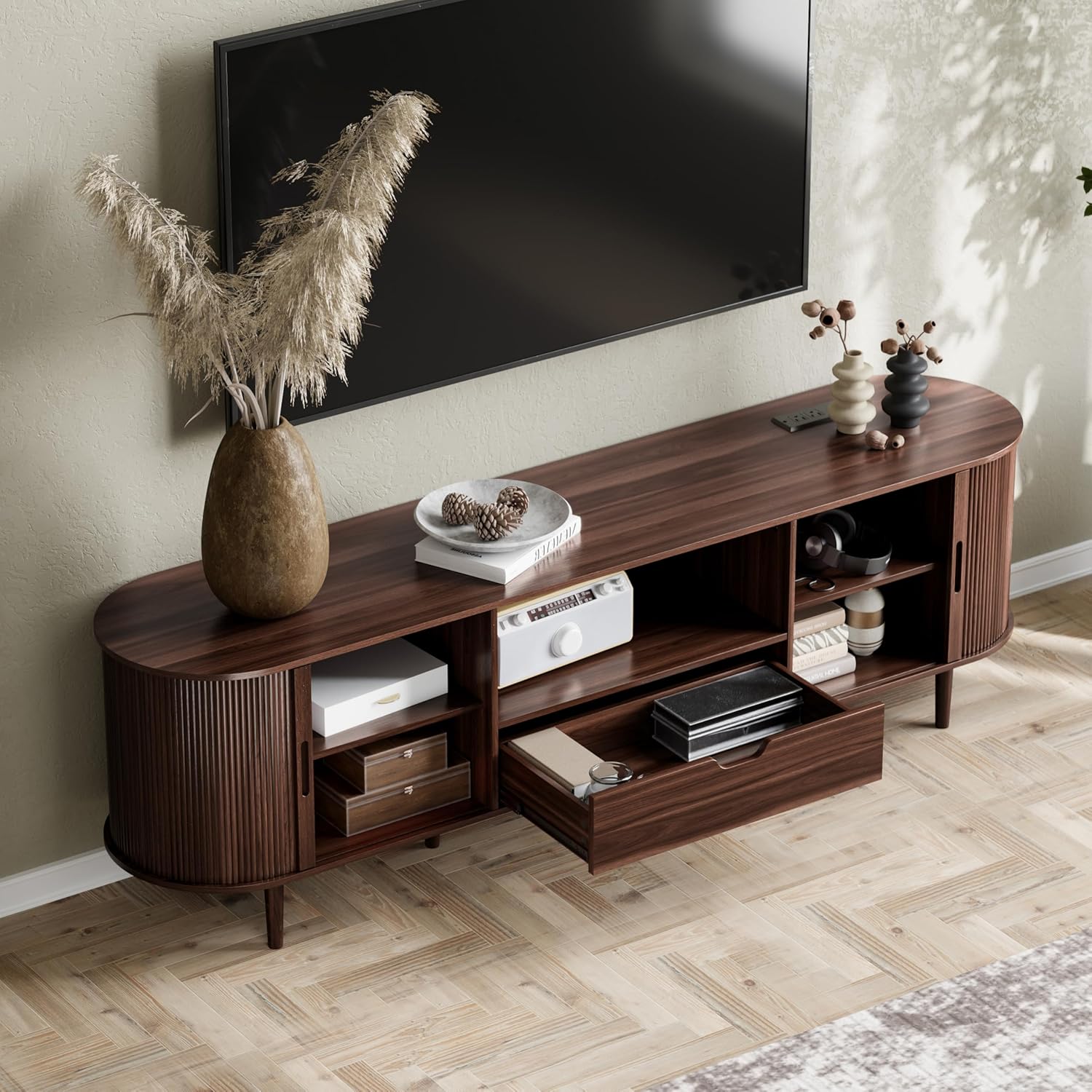 DHH 71" Fluted TV Stand with Power Outlet for TVs up to 80", TV Console with Adjustable Shelves and Sliding Door,Mid Century Modern Entertainment Center for Living Room,Bedroom (Walnut, 71Inch)