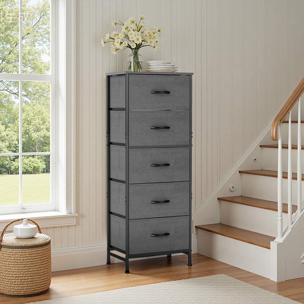 5 Fabric Dresser with 5 Storage Drawers, TV Stand with Wooden Top Metal Frame for Clothes, Living Room, Hallway, Entryway, Rust