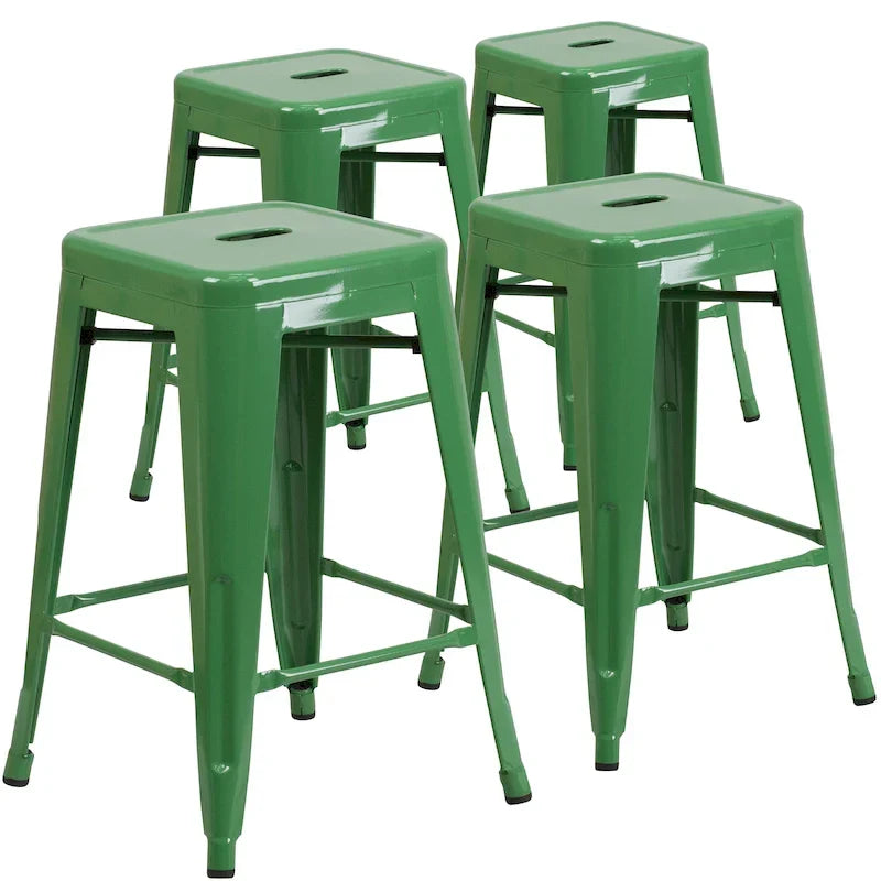 4 Pack 24H Backless Metal Indoor-Outdoor Counter Height Stool w/Square Seat