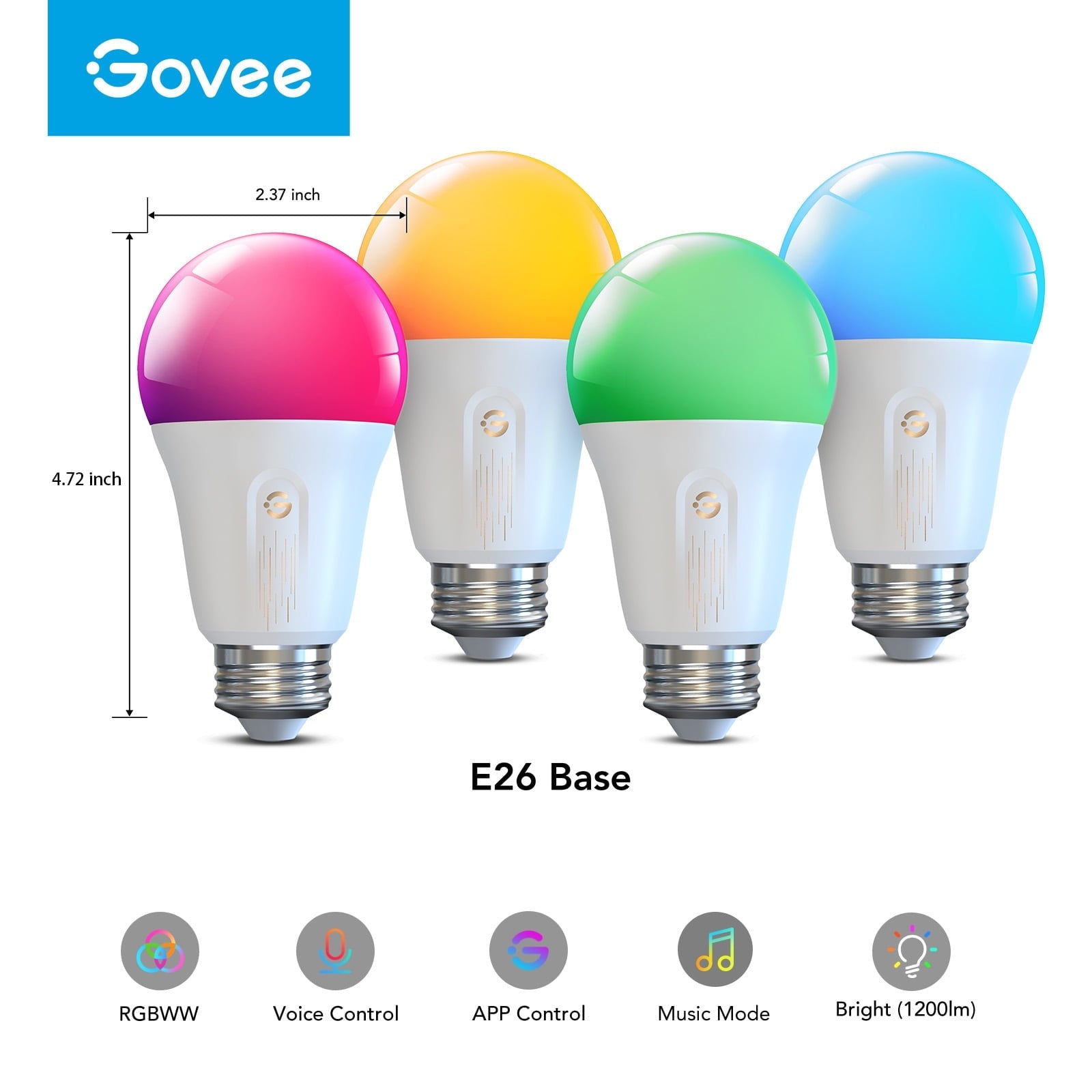 A19 Wi-Fi 1200LM RGBWW LED Smart Light Bulb, Wi-Fi & Bluetooth Light Bulbs, Dimmable, Color Changing, 85W Equivalent Bulbs,4 packs