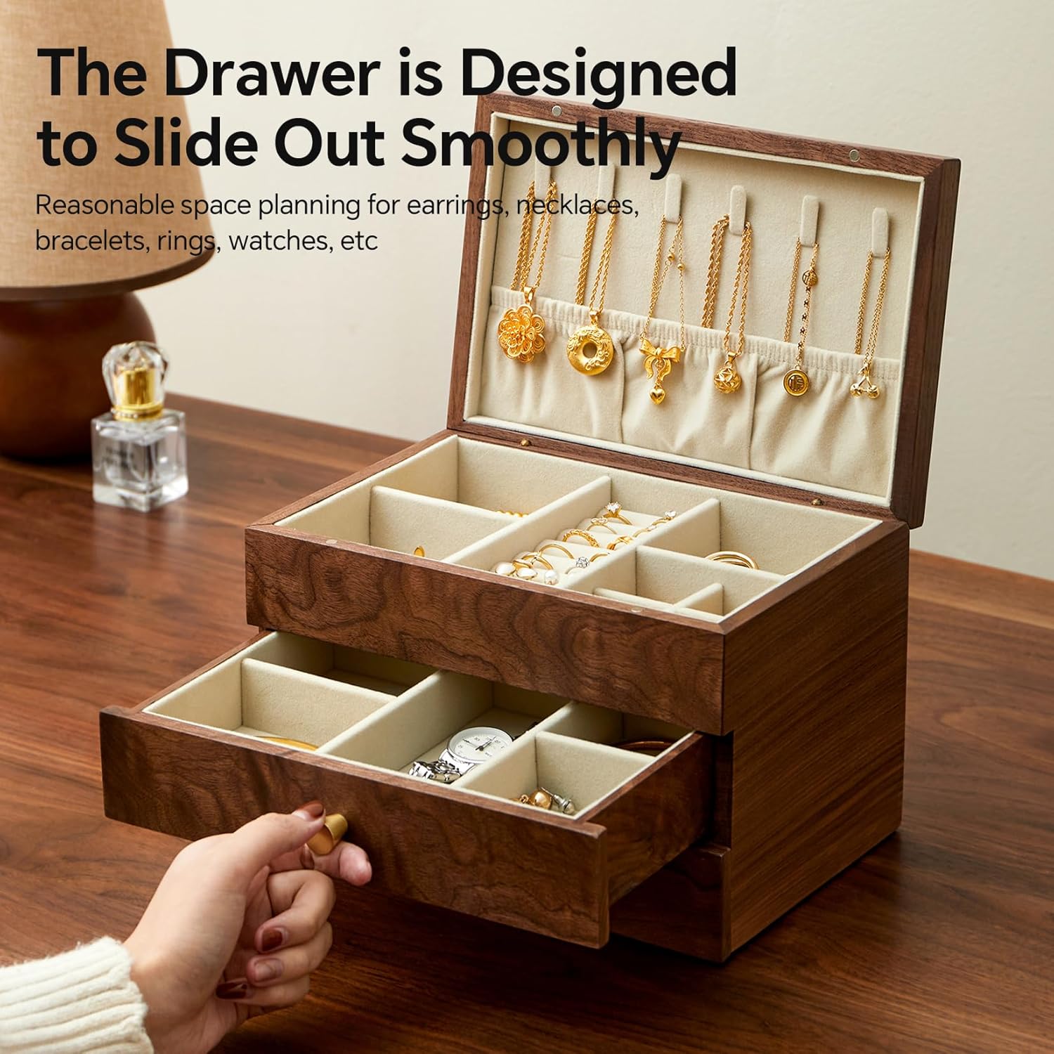 Jewelry Box Organizer for Women & Men, Black Walnut 3 Layer Wooden Jewelry Box with Velvet Lining, Earring & Ring Organizer, Large Capacity Drawer Design for Necklaces, Bracelets (3 layers)