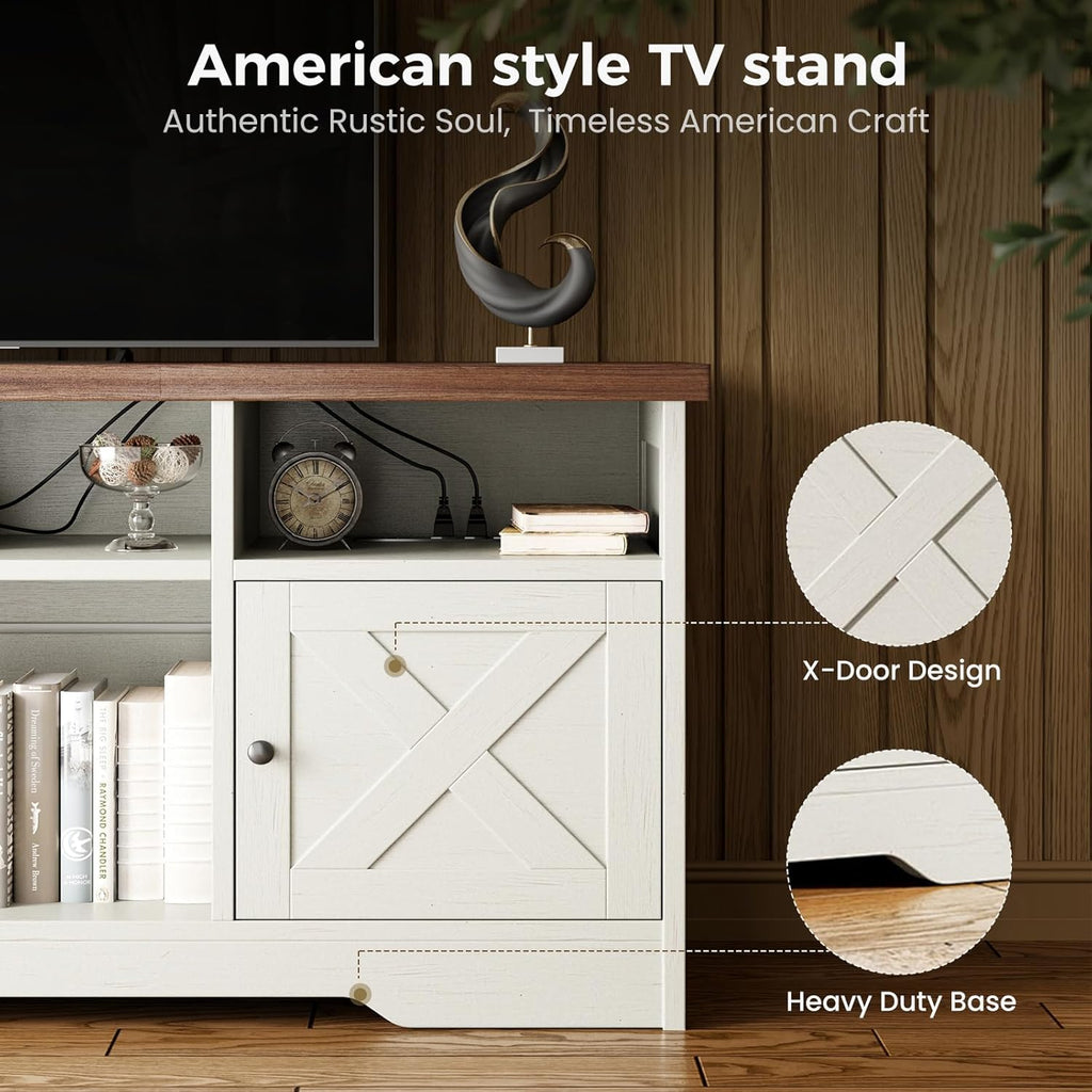 Casaottima TV Stand for 65 Inch TV, Farmhouse Entertainment Center with Power Outlet & LED Light and Storage Cabinets, Console Table and Media Furniture for Living Room Bedroom, White