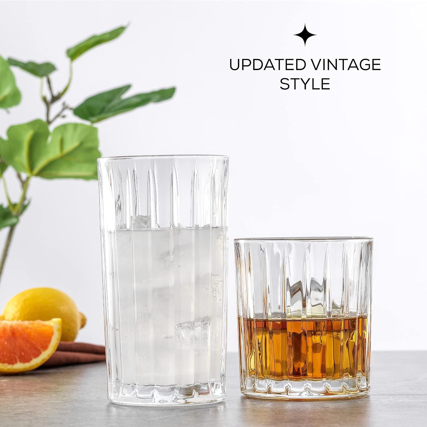 Alina Clear Ribbed Glass Drinking Glass Set, Highball Glasses and Tumbler Glasses - Set of 8