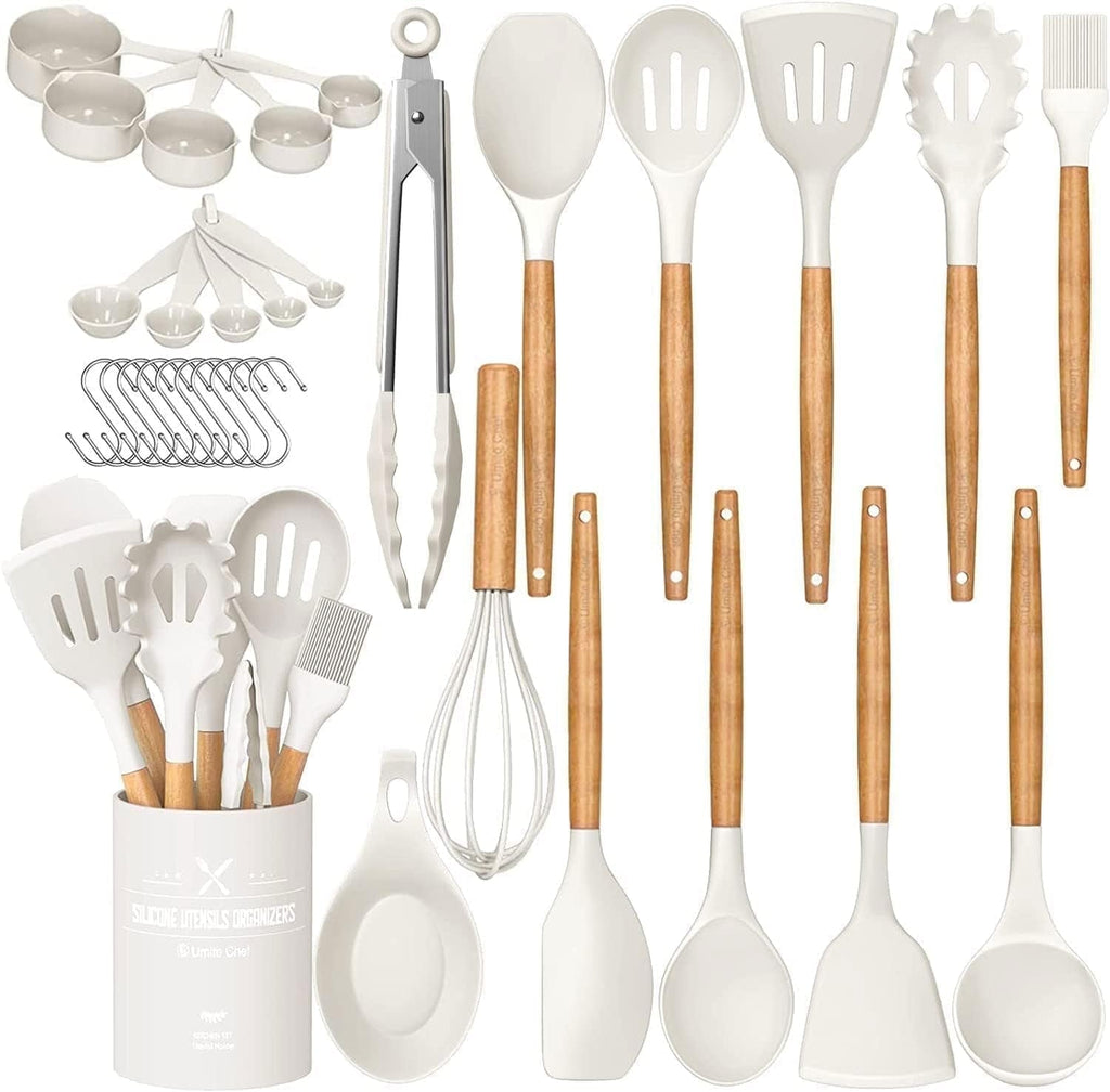 Kitchen Cooking Utensils Set, 33 pcs Non-stick Silicone Cooking Kitchen Utensils Spatula Set with Holder, Wooden Handle Silicone Kitchen Gadgets Utensil Set (Cream White)