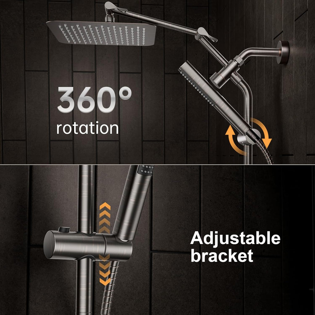 Veken All Metal 10" Oil Rubbed Bronze Shower Head with Handheld, Luxurious Square Double Rain Shower Heads with Power-wash Hand Held, Dual High Pressure Detachable Rainfall Showerhead,Bathroom Upgrade