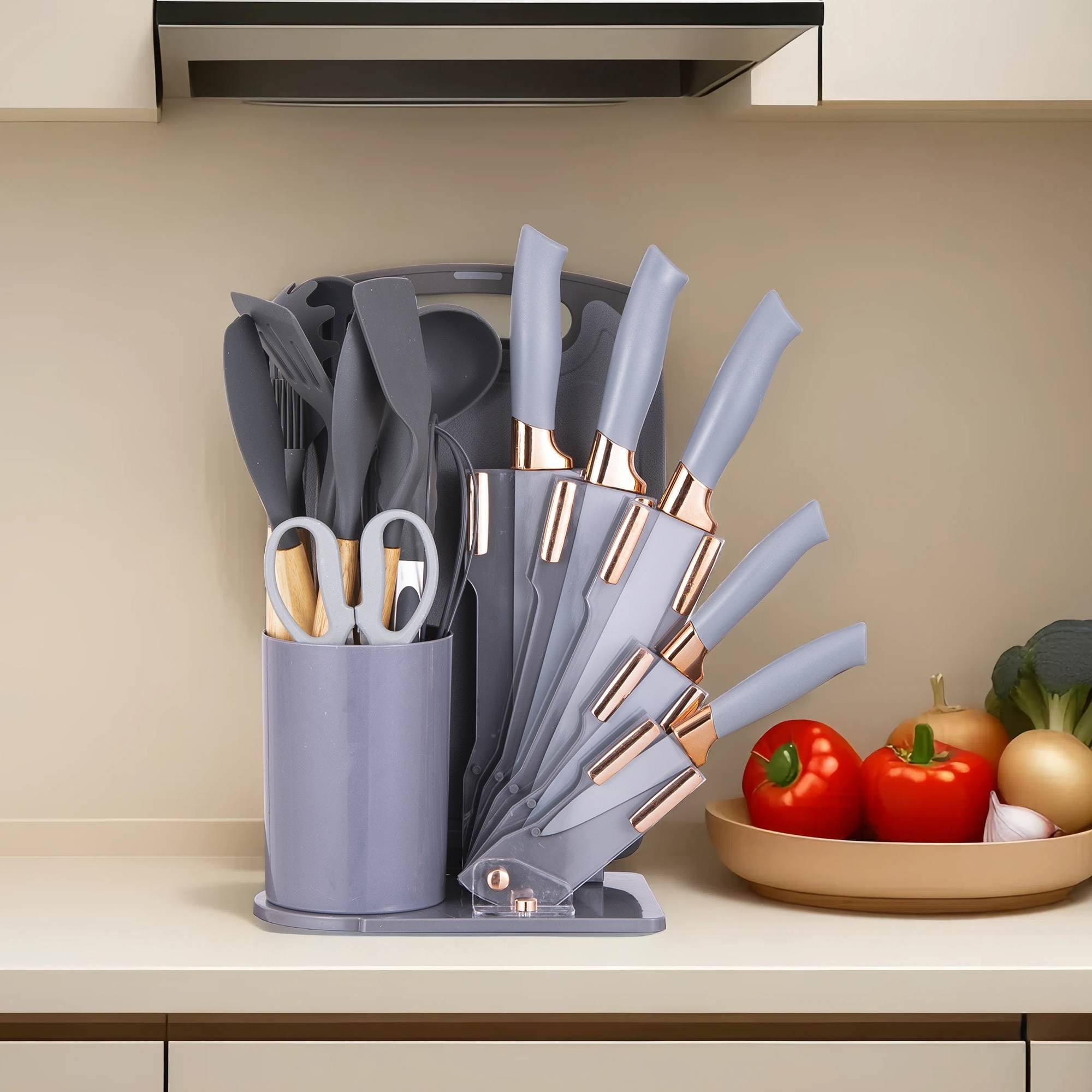 19-Piece Silicone Kitchen Utensil & Knife Set - Heat-Resistant Cooking Tools Non-Stick Safe Gift for Mom or Women Black