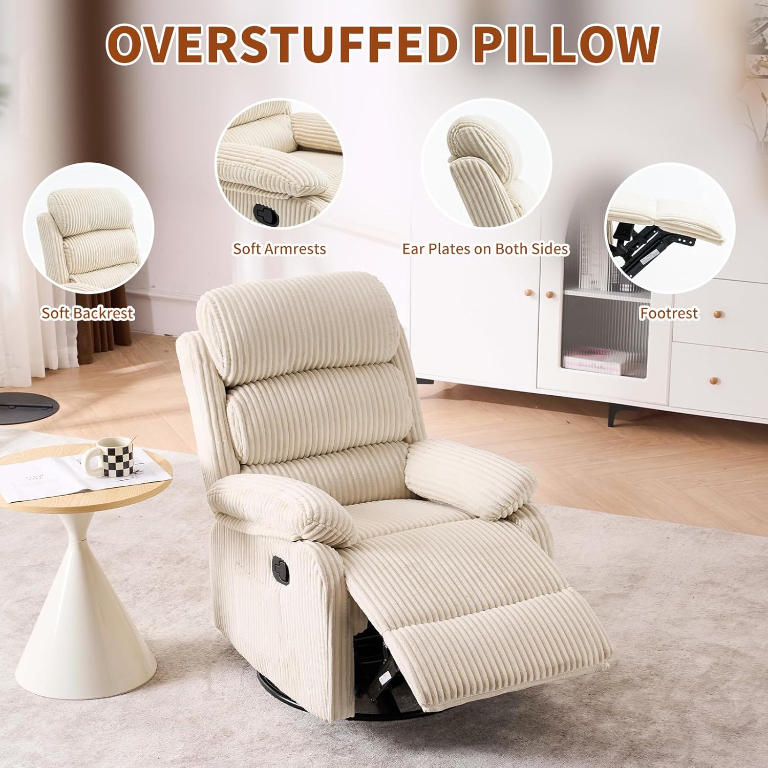 Adult 360° Rocking Recliner ChairNursery Rocker Reclining Chair with Side Pocket, a Comfy upholstered Single Sofa Armchair. Suitable for Living Room, Bedroom Nursing use, Velvet Fabric in Beige