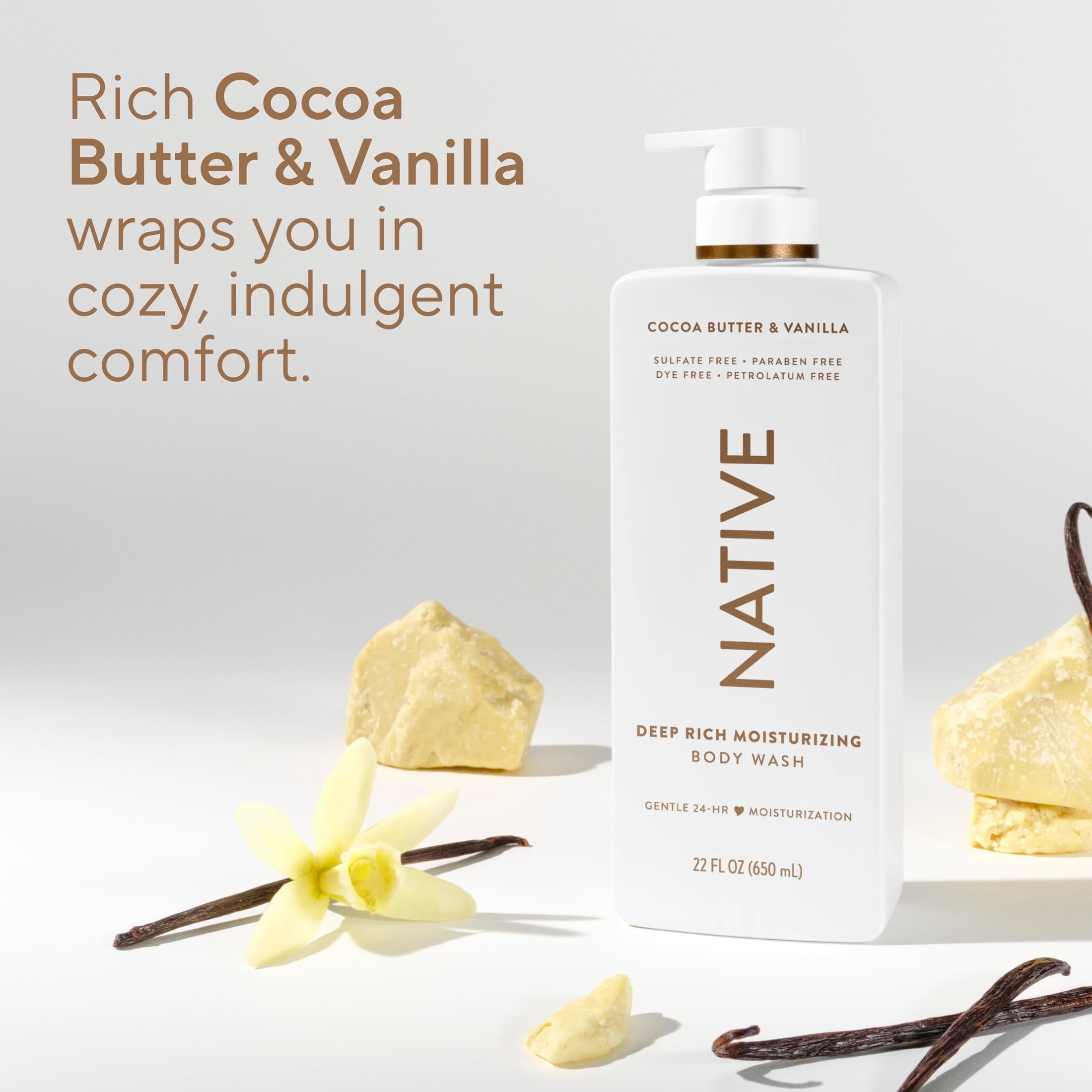 Moisturizing Body Wash, Cocoa Butter & Vanilla, Sulfate Free, 24hr Moisturization with Shea Butter, for Women & Men for Dry Skin, 22 fl oz