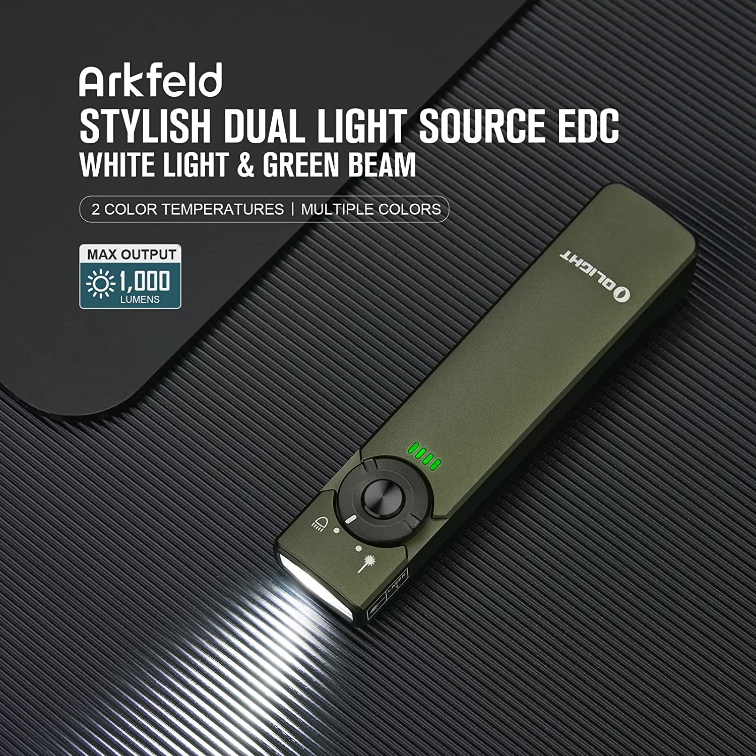 Arkfeld EDC Flat Flashlight, 1000 Lumens LED Light with Green Beam, Rechargeable Battery, Orange