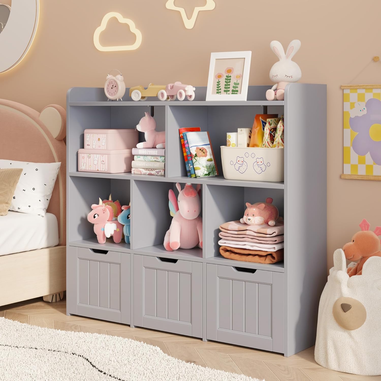 Gizoon Toy Storage Cabinet and Kids Bookcase with 3 Movable Drawers and 6 Open Shelves Featuring Fall Prevention Barrier for Playroom Nursery Kids Room Organization, Gray