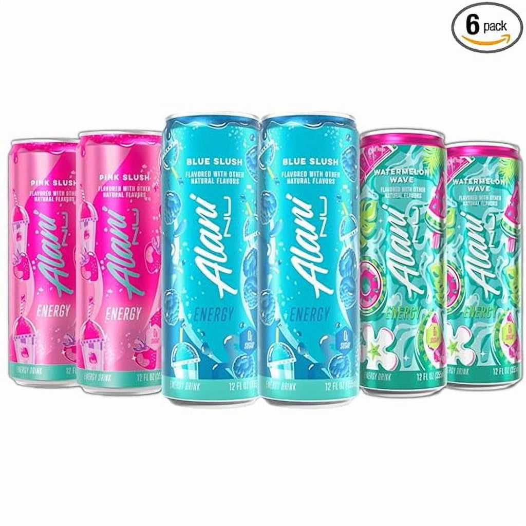 New Alani Energy Drinks Variety Pack - Blue Slush, Pink Slush, Watermelon Wave, Sugar-Free & Low-Calorie (12 fl oz, Pack of 6)