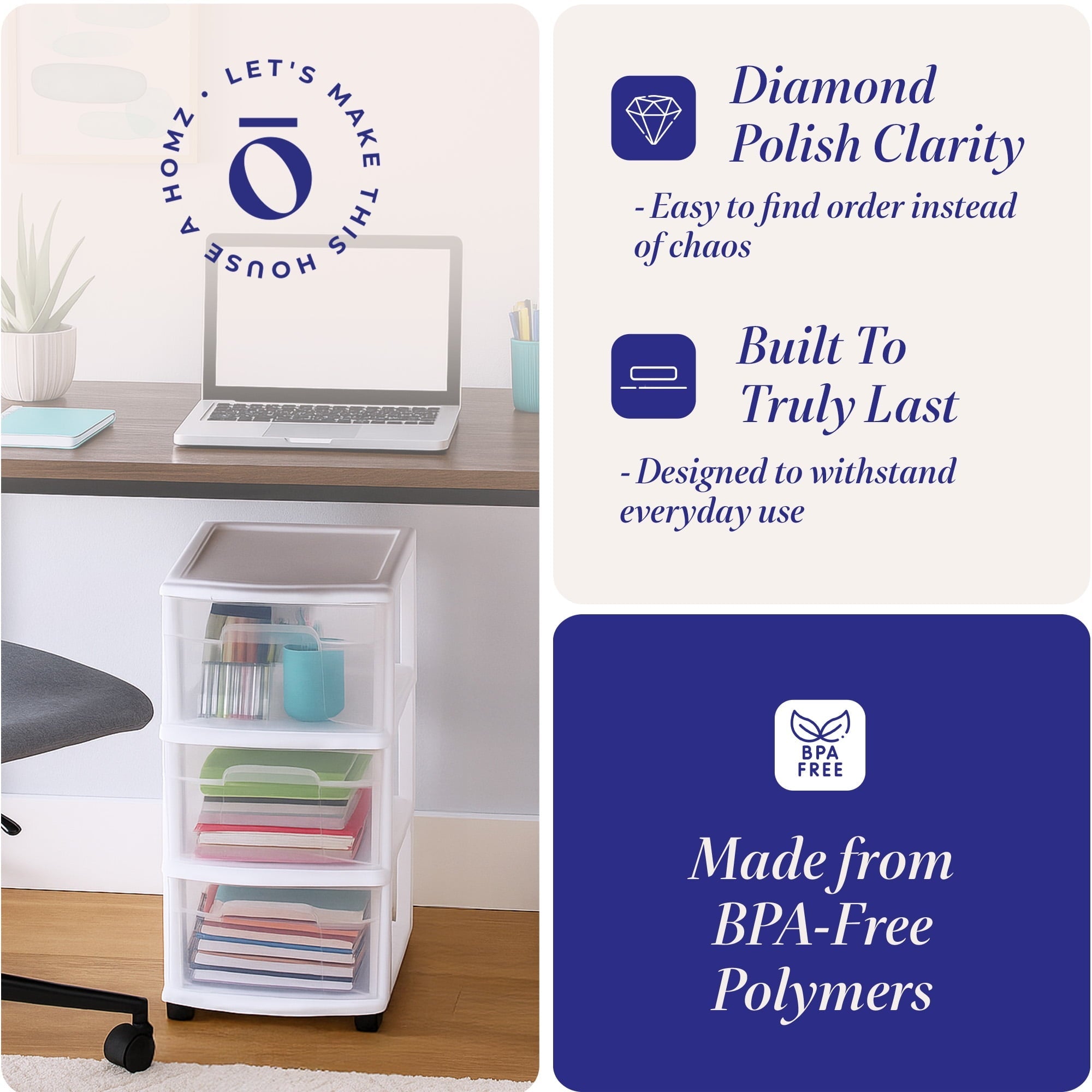 Drawer Tower, 3-Tier Clear Plastic Rolling Storage Cart, Removable Wheels, White