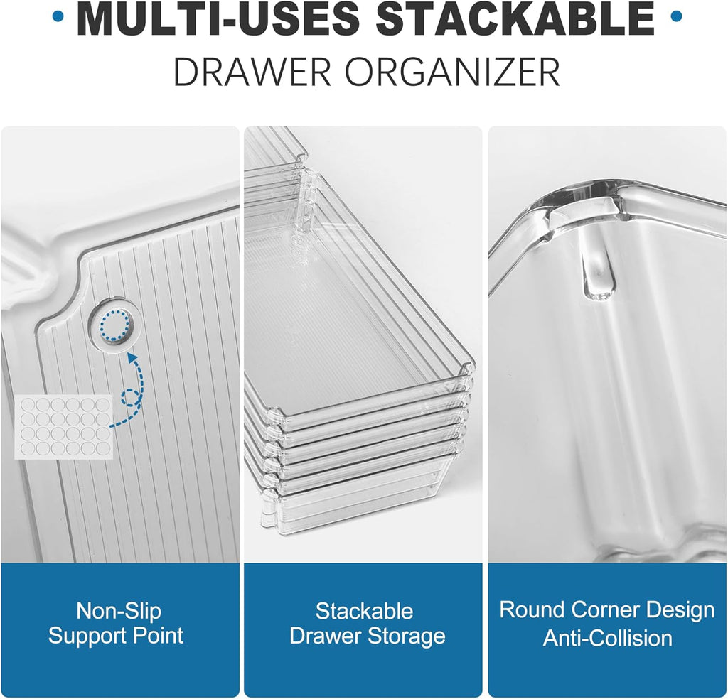 9 PCS Clear Plastic Drawer Organizer Sets, 3 Sizes Vanity Organizer Trays Stackable Storage Bins for Kitchen, Cabinet, Bathroom, Office, Laundry Room Organizing