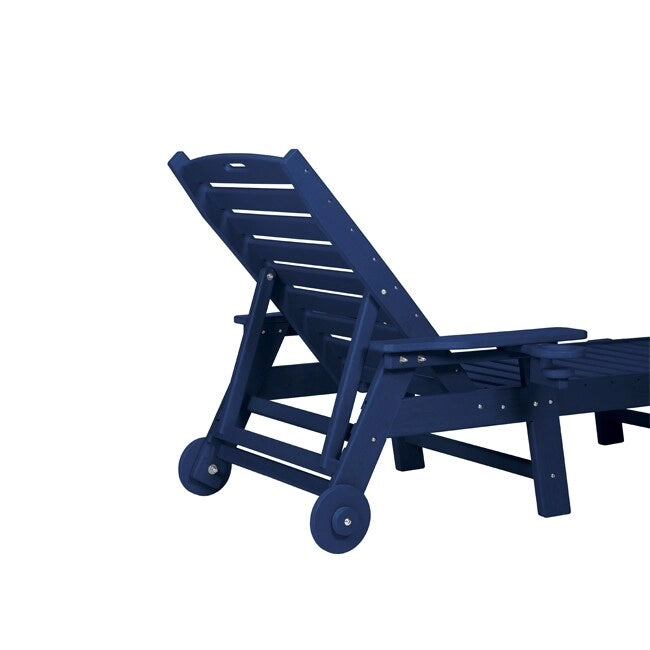 3-Piece Patio Set 2 Oversized Chaise Lounges (5-Position, Wheels, Cup Holder) + Side Table, All-Weather Wood Texture.