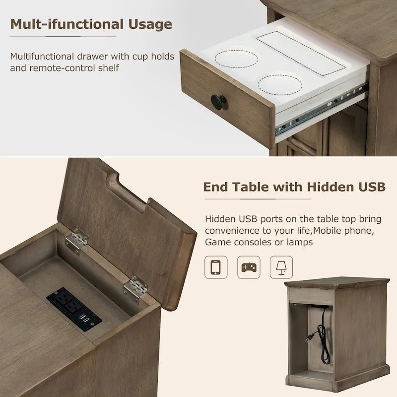 Classic Vintage End Table Side Table with USB Ports and 1 Multifunctional Drawer with Cup Holders