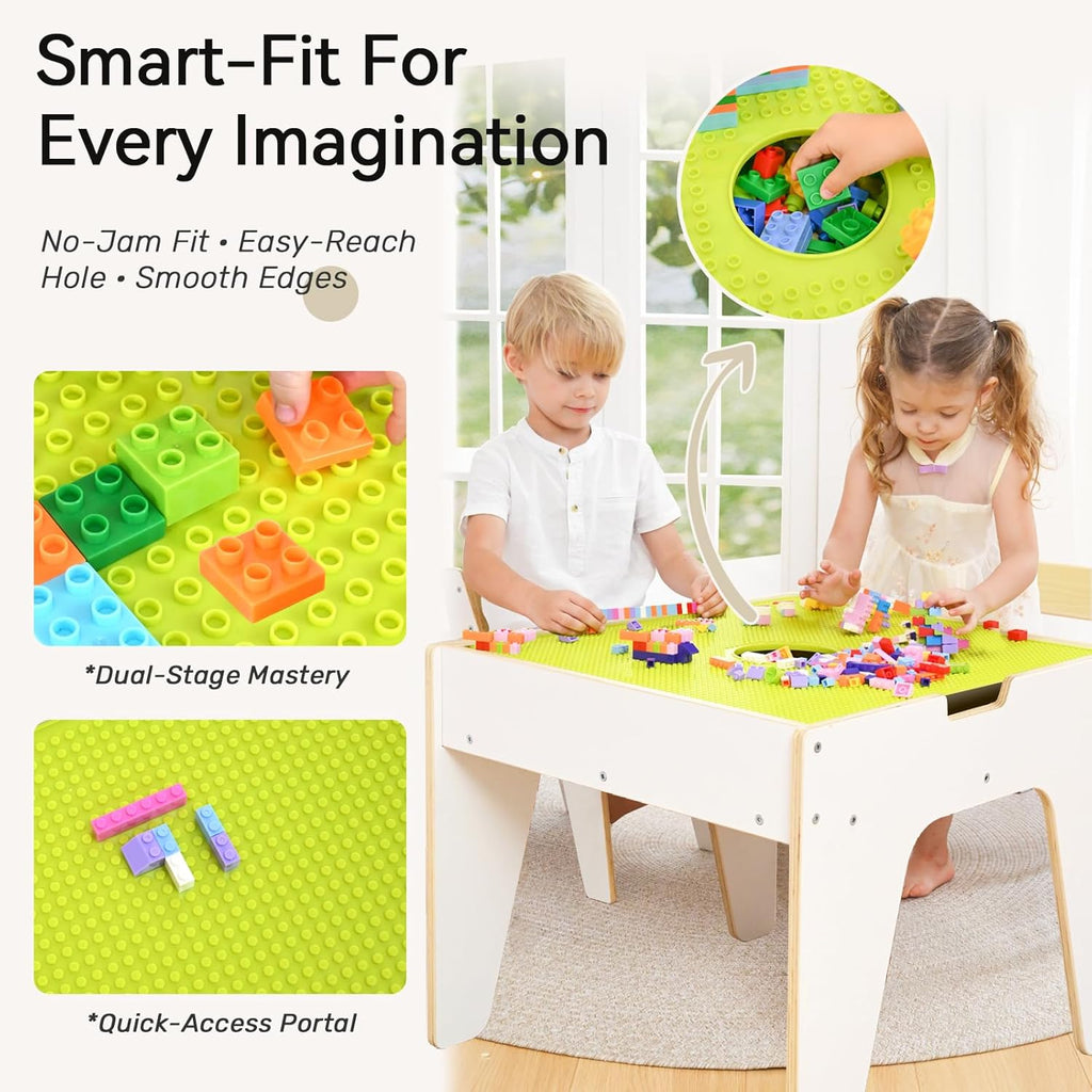 WINGYZ 4-in-1 Wooden Kids Activity Table and 2 Chairs, Ages 2-12 & 4-8 Building Blocks Construction Sensory Table with Storage, Spacious Kids Learning Desk