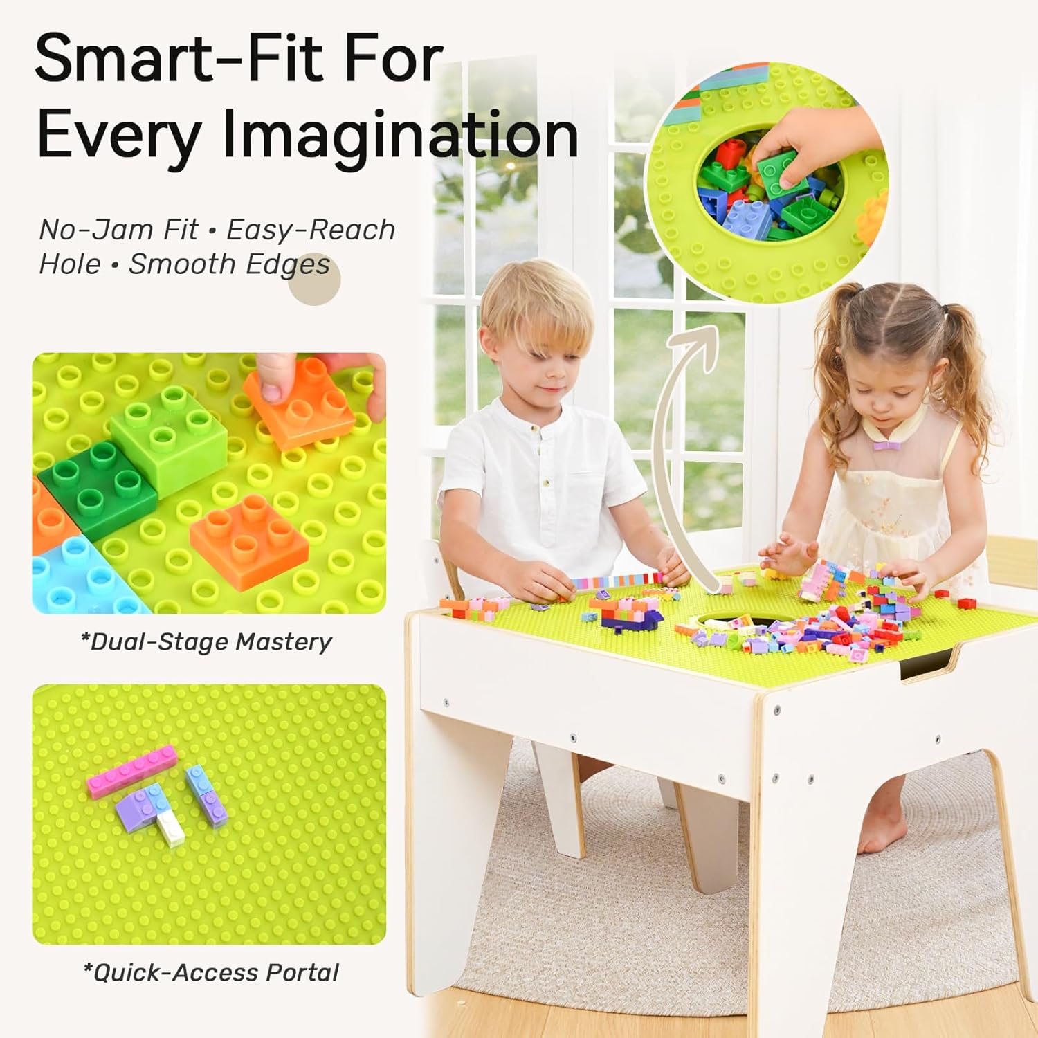 WINGYZ 4-in-1 Wooden Kids Activity Table and 2 Chairs, Ages 2-12 & 4-8 Building Blocks Construction Sensory Table with Storage, Spacious Kids Learning Desk