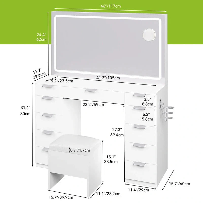 Moasis 46 Vanity With Built-in Socket With Illuminated Mirror and Hair Dryer Rack - 55.8 H X 46 W X 11.7 D