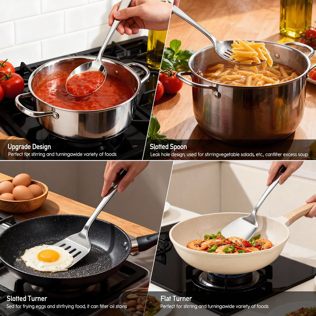 4 Pcs Cooking Utensils Set, Stainless Steel Kitchen Utensils, Kitchen Tools Set Include Solid & Slotted Turner Wok Spatula, Serving Spoon, Home Essentials Kitchen Gadgets Accessories