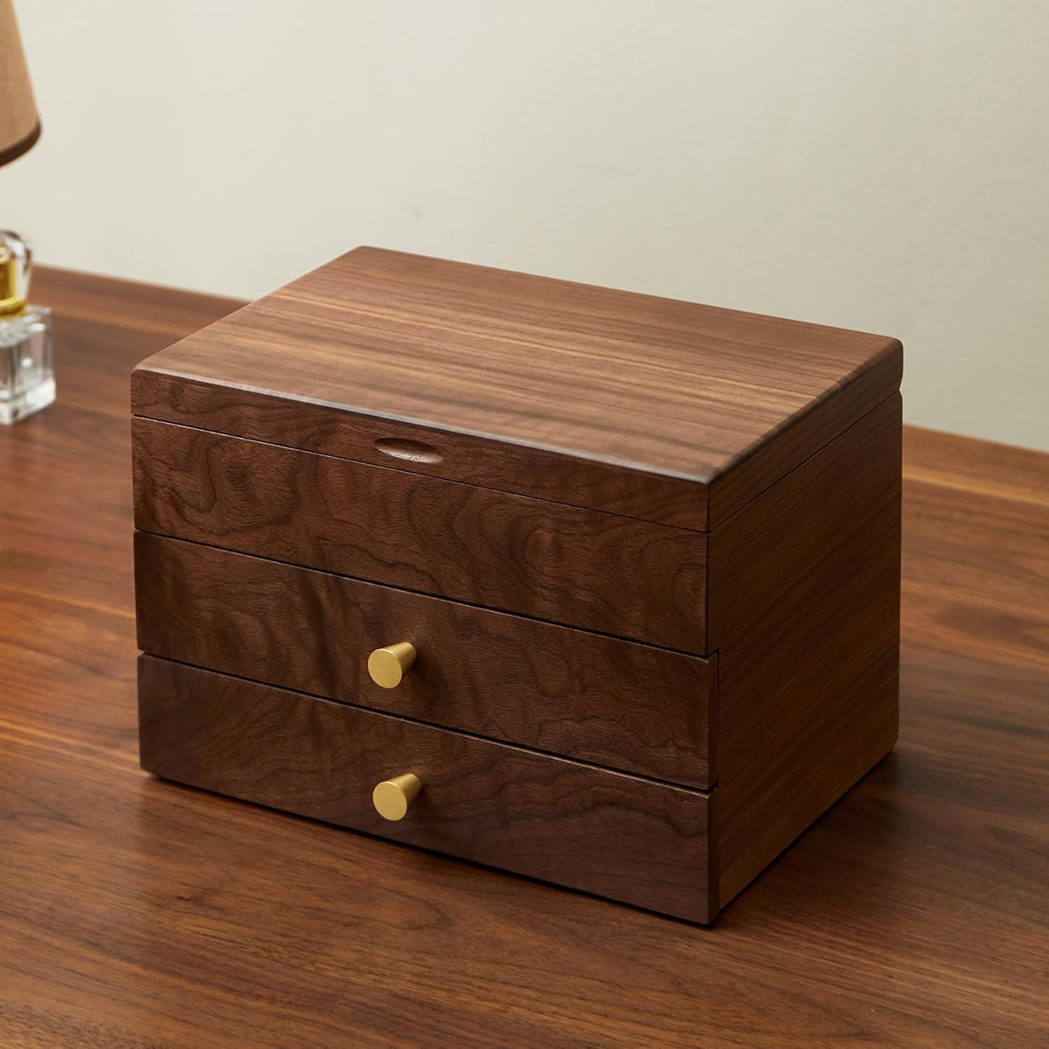 Jewelry Box Organizer for Women & Men, Black Walnut 3 Layer Wooden Jewelry Box with Velvet Lining, Earring & Ring Organizer, Large Capacity Drawer Design for Necklaces, Bracelets (3 layers)