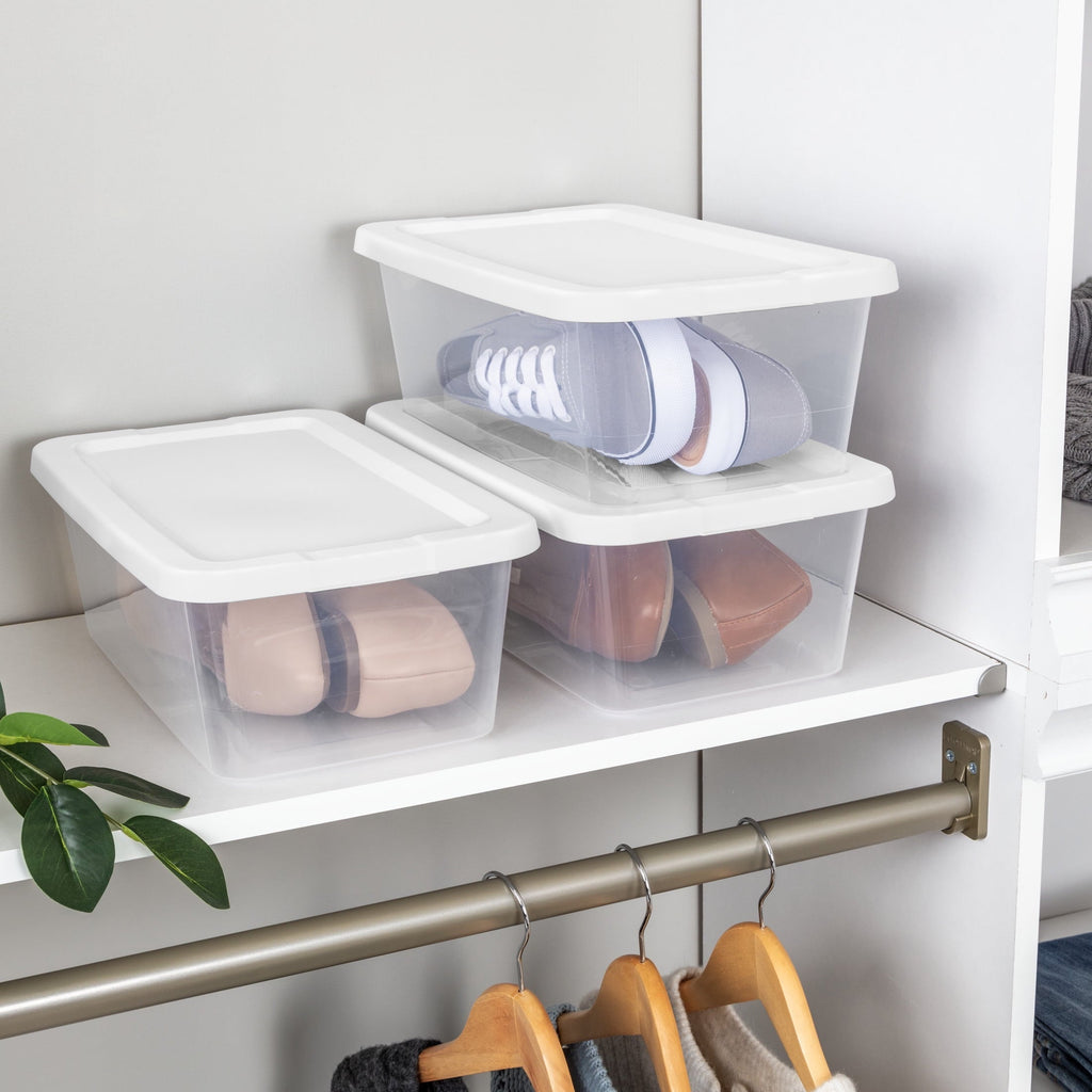6 Quart Small Storage Bin, Clear Plastic Storage Container with Snap-On Lid, White