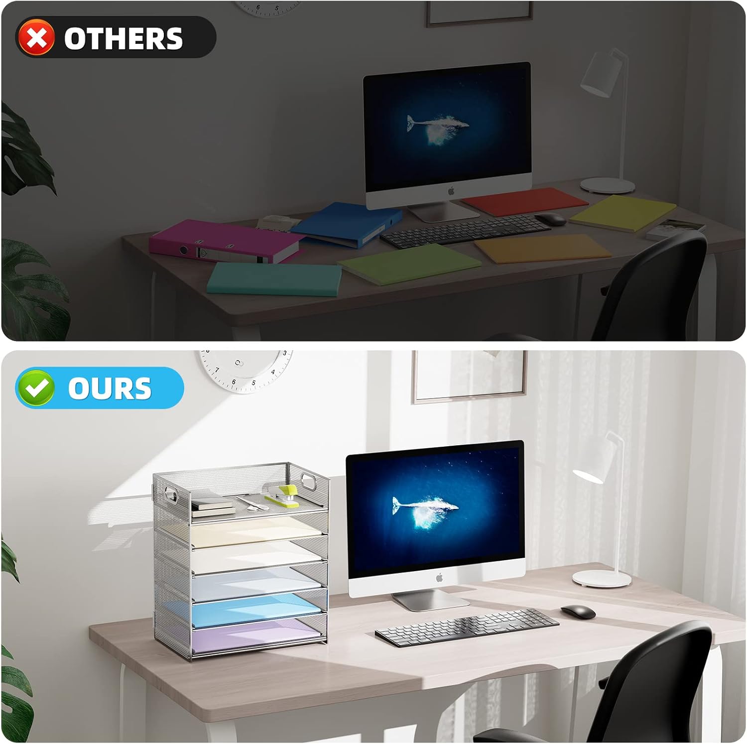 Marbrasse 2 Pack Desk Organizer with Handle, 6 Tier Paper Letter Tray, Mesh Desk File Organizer for Office, School and Home - Silver