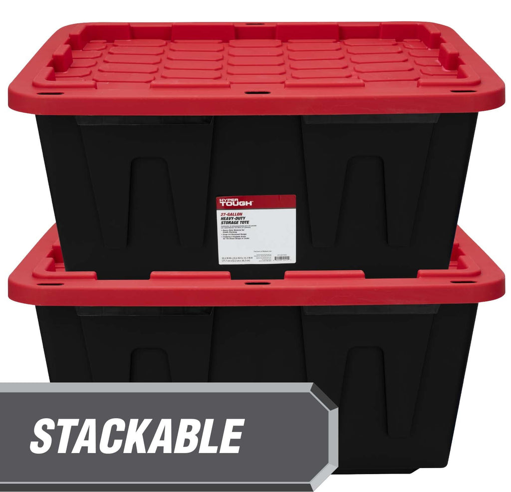 27 Gallon Large Storage Bin with Snap Lid, Black and Red, Heavy Duty Plastic Storage Container