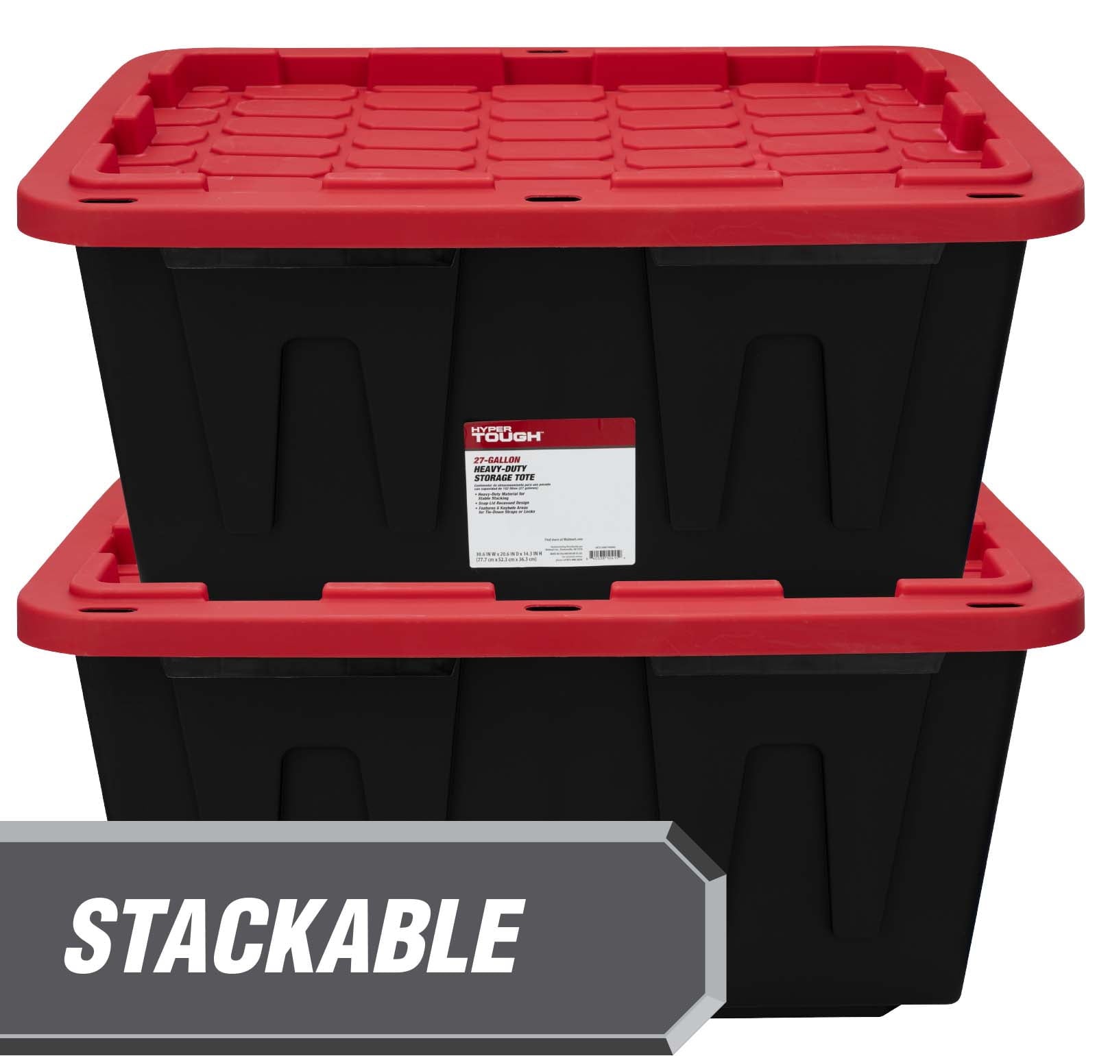 27 Gallon Large Storage Bin with Snap Lid, Black and Red, Heavy Duty Plastic Storage Container